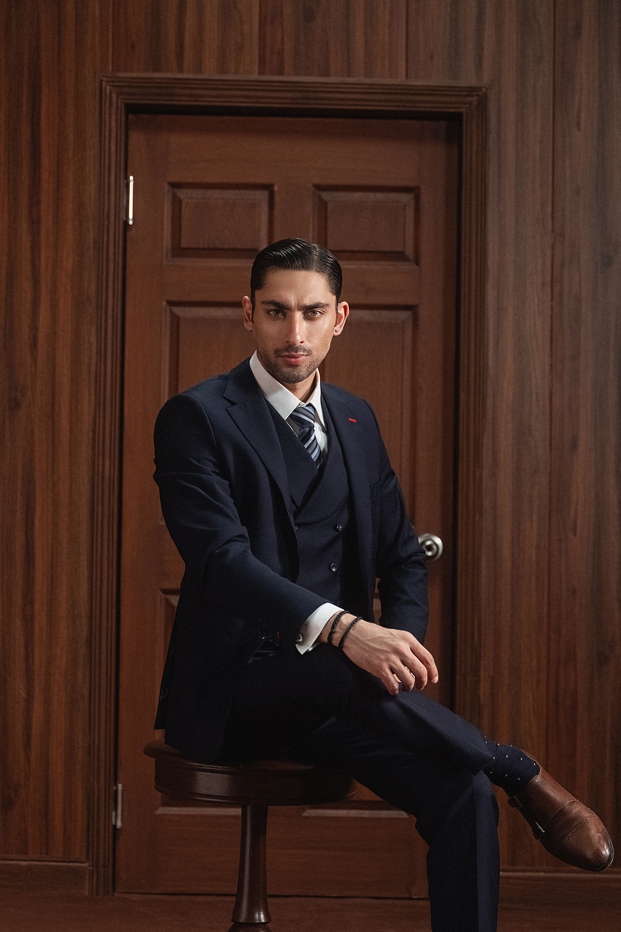 Classic Navy Blue Double-Breasted Three-Piece Suit