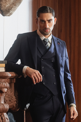 Classic Navy Blue Double-Breasted Three-Piece Suit