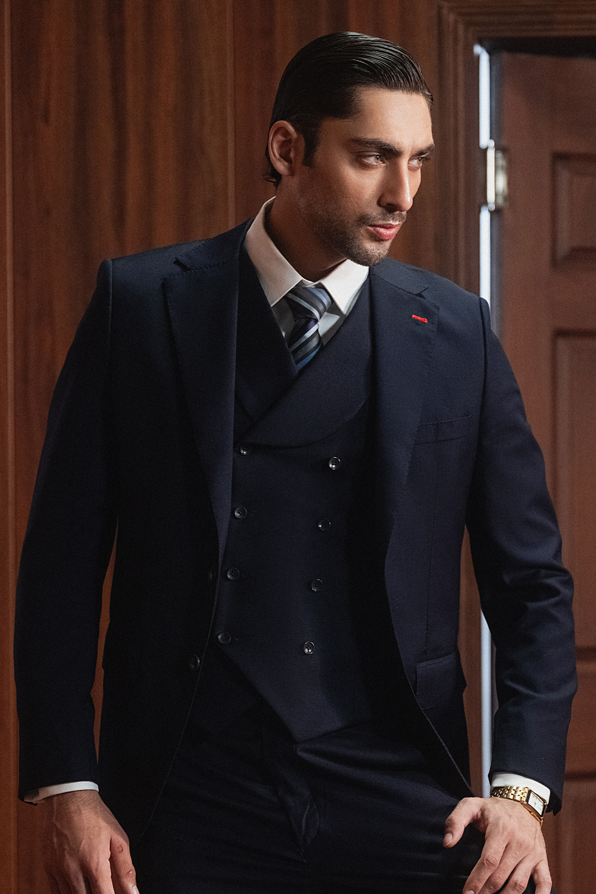 Classic Navy Blue Double-Breasted Three-Piece Suit