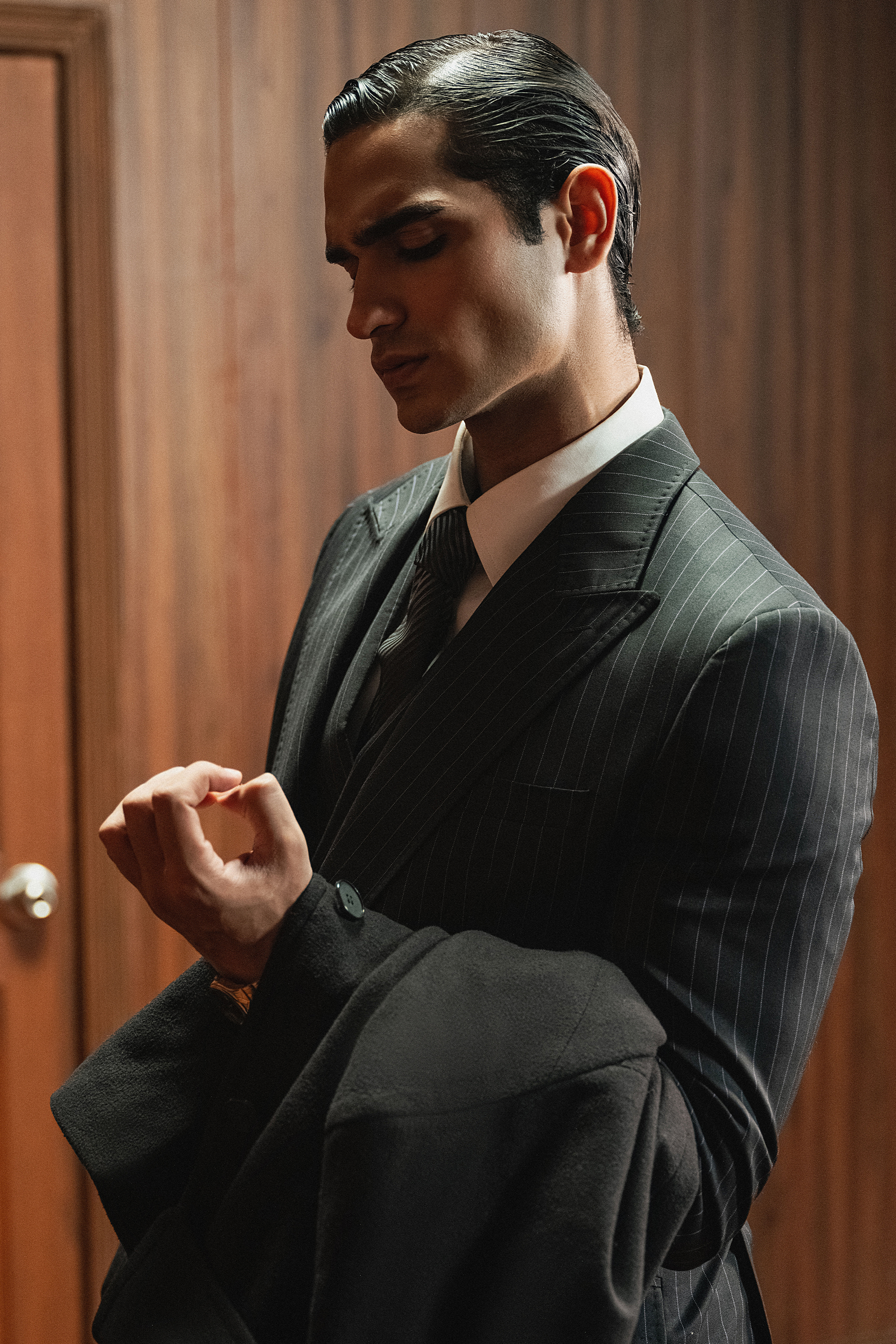 Classic Dark Charcoal Grey Double-Breasted Pinstripe Three-Piece Suit