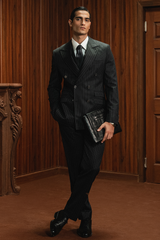 Classic Dark Charcoal Grey Double-Breasted Pinstripe Three-Piece Suit