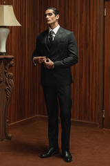 Classic Dark Charcoal Grey Double-Breasted Pinstripe Three-Piece Suit