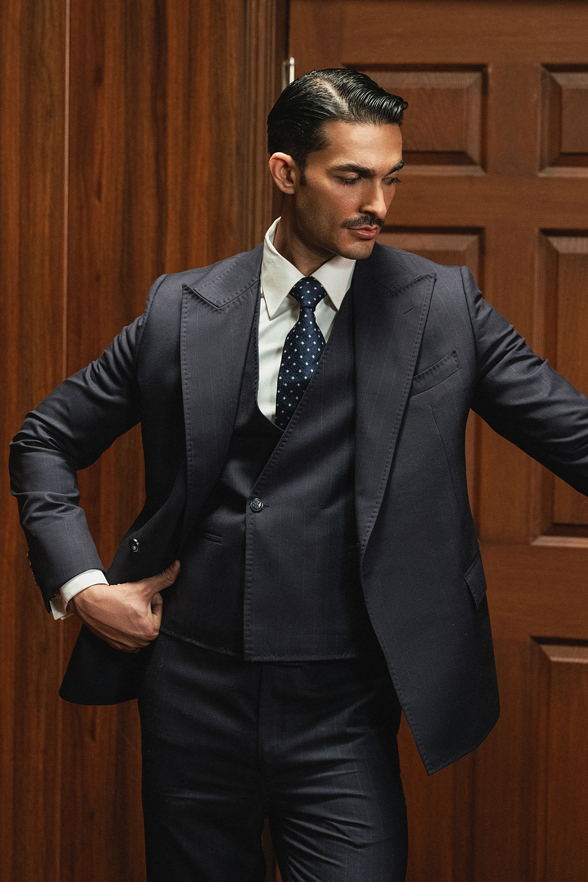 Classic Dark Navy Blue Double-Breasted Pinstripe Three-Piece Suit