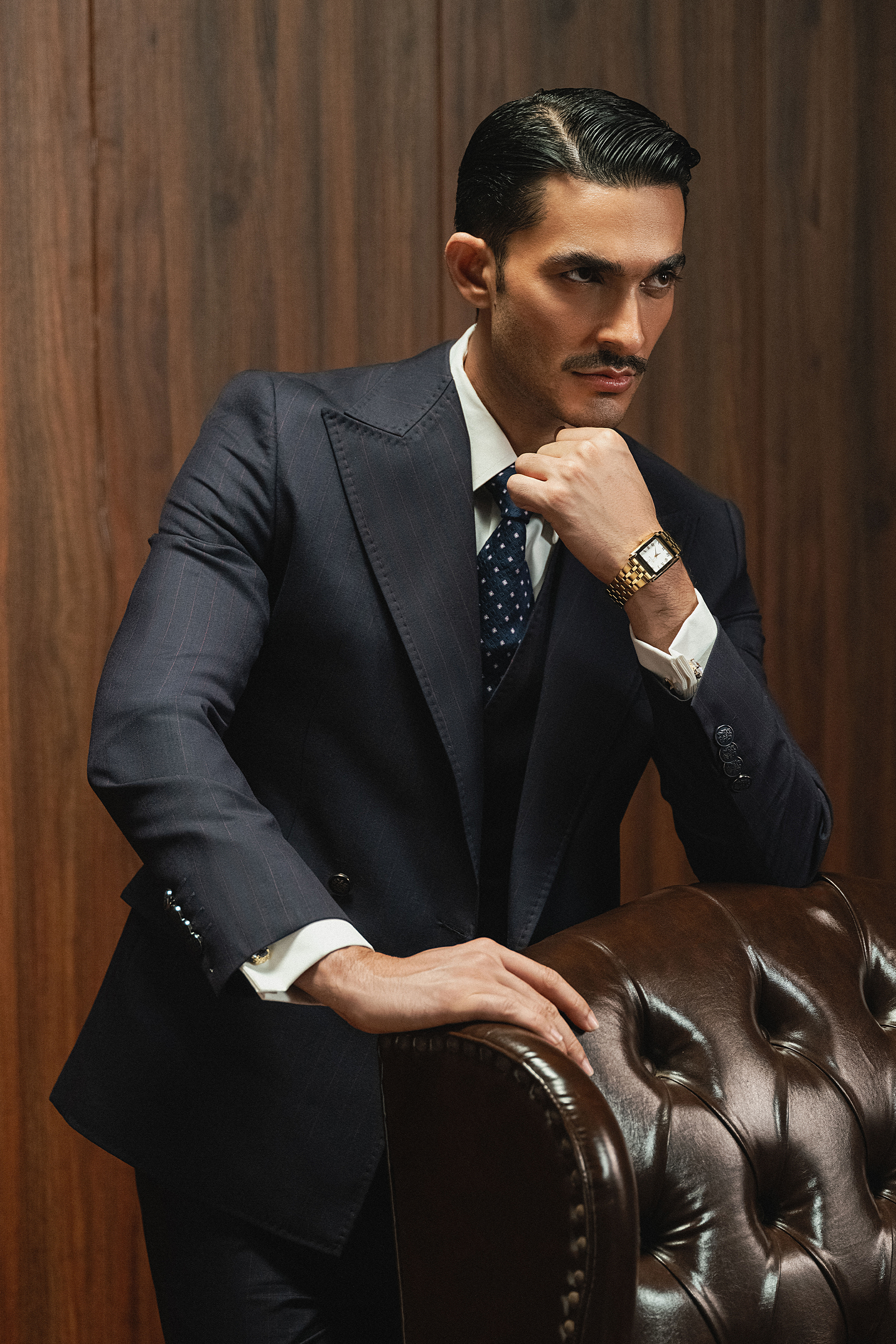 Classic Dark Navy Blue Double-Breasted Pinstripe Three-Piece Suit