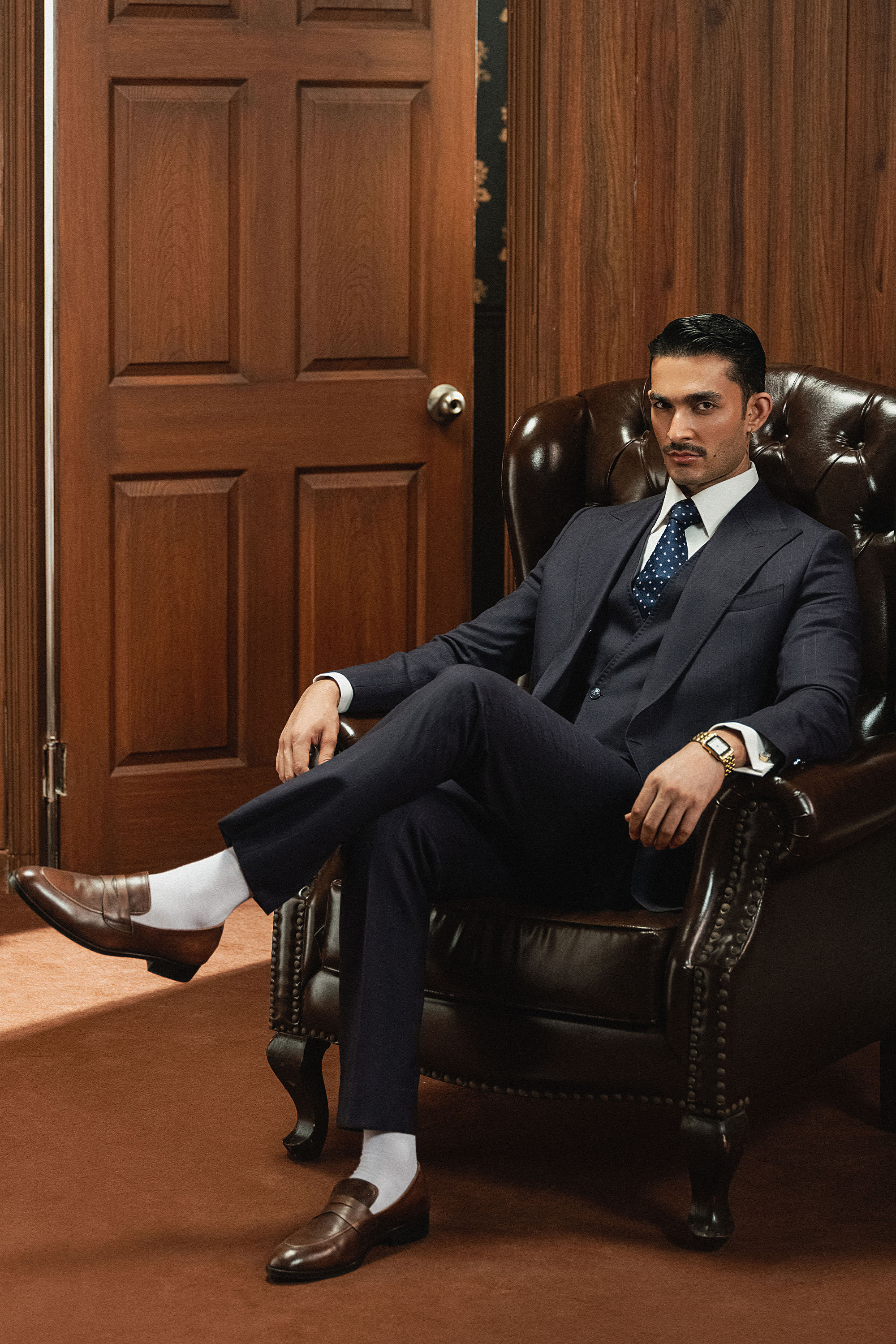 Classic Dark Navy Blue Double-Breasted Pinstripe Three-Piece Suit
