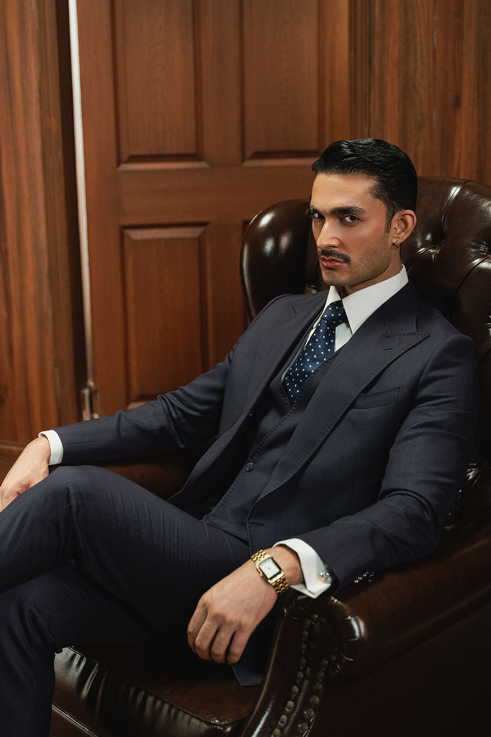 Classic Dark Navy Blue Double-Breasted Pinstripe Three-Piece Suit