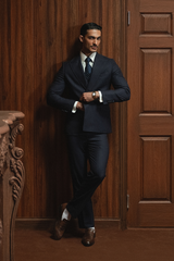 Classic Dark Navy Blue Double-Breasted Pinstripe Three-Piece Suit