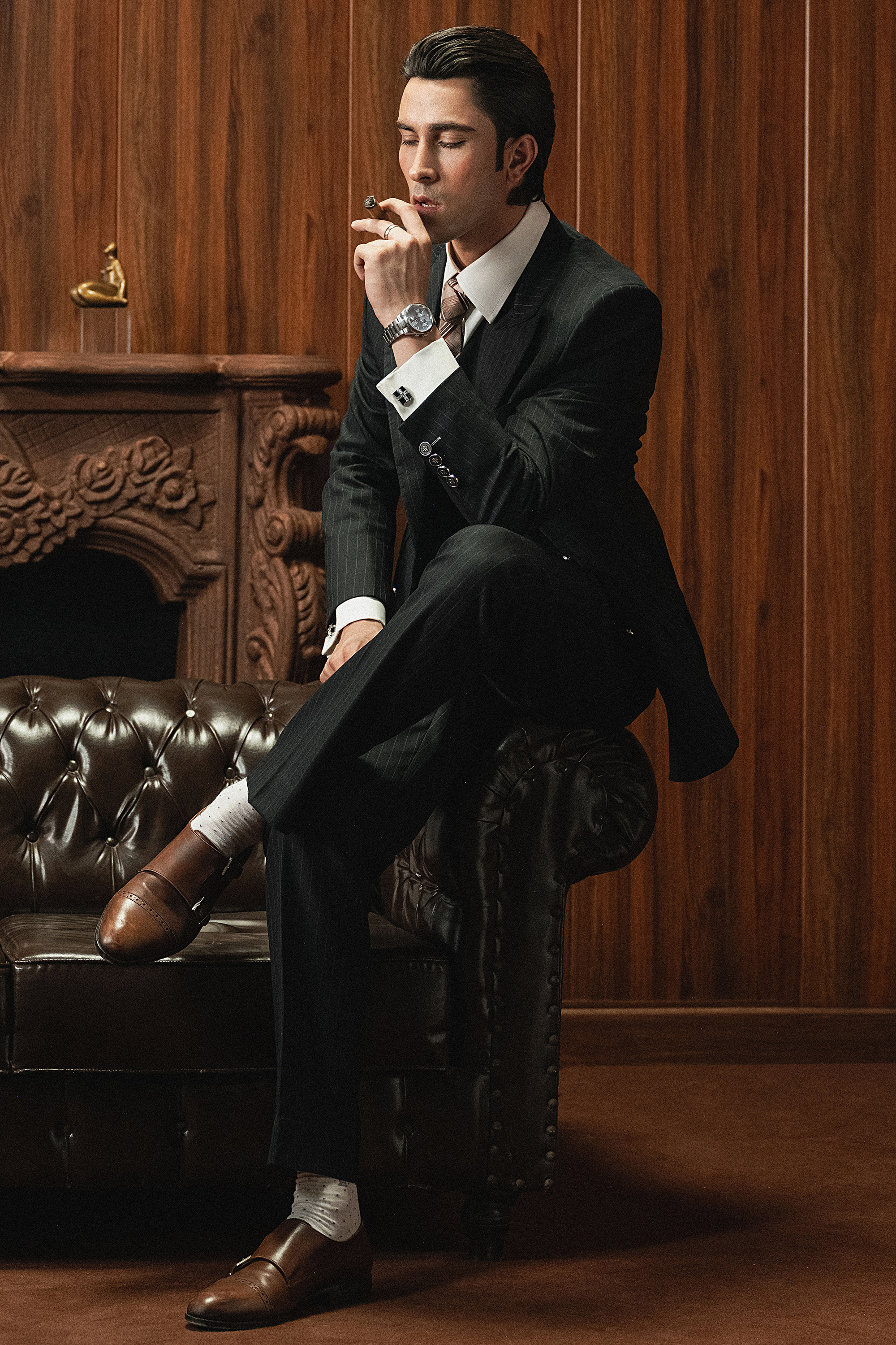 Classic Dark Black Double-Breasted Pinstripe Three-Piece Suit