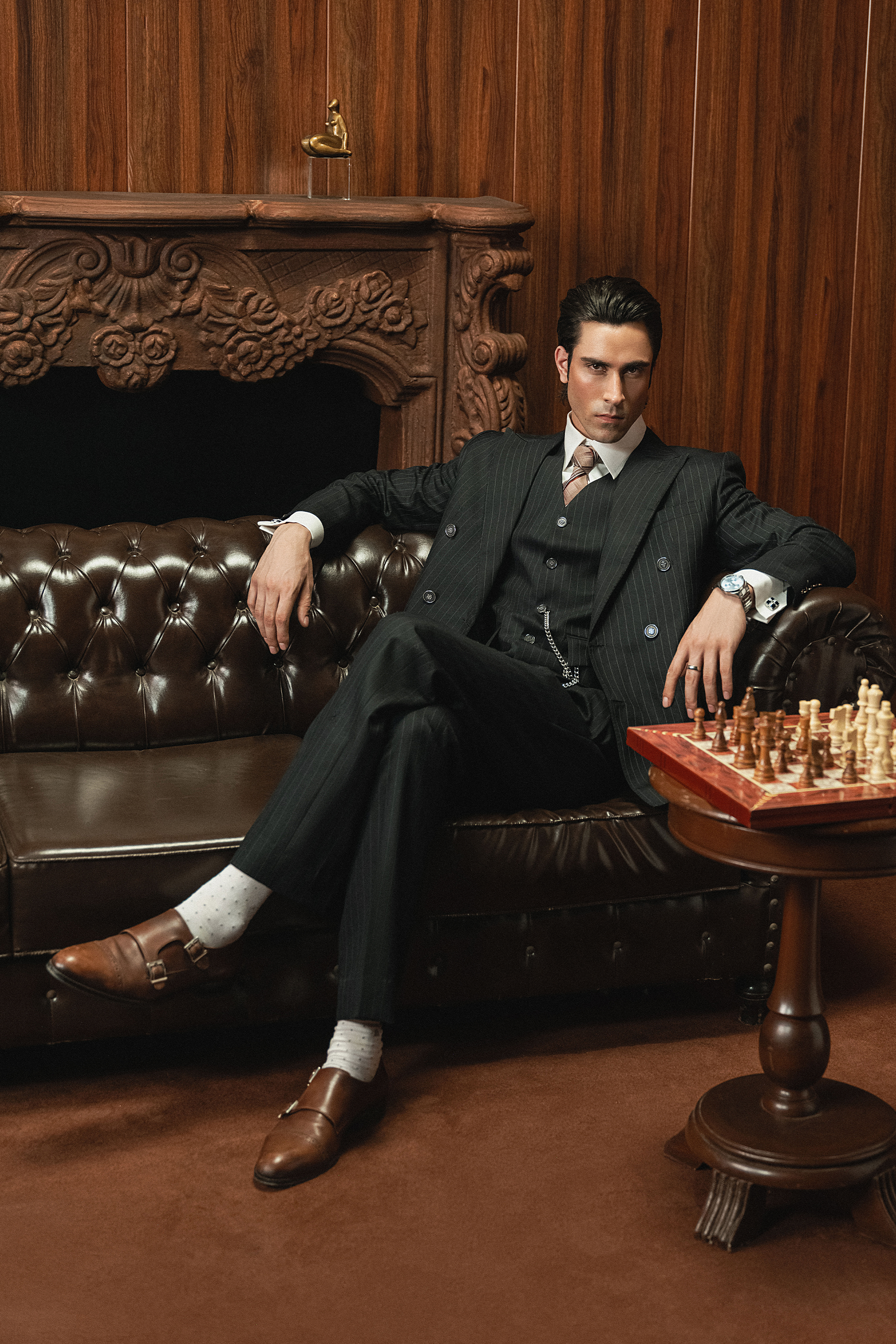 Classic Dark Black Double-Breasted Pinstripe Three-Piece Suit