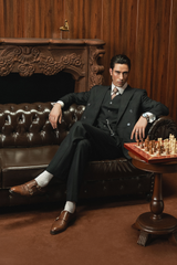Classic Dark Black Double-Breasted Pinstripe Three-Piece Suit