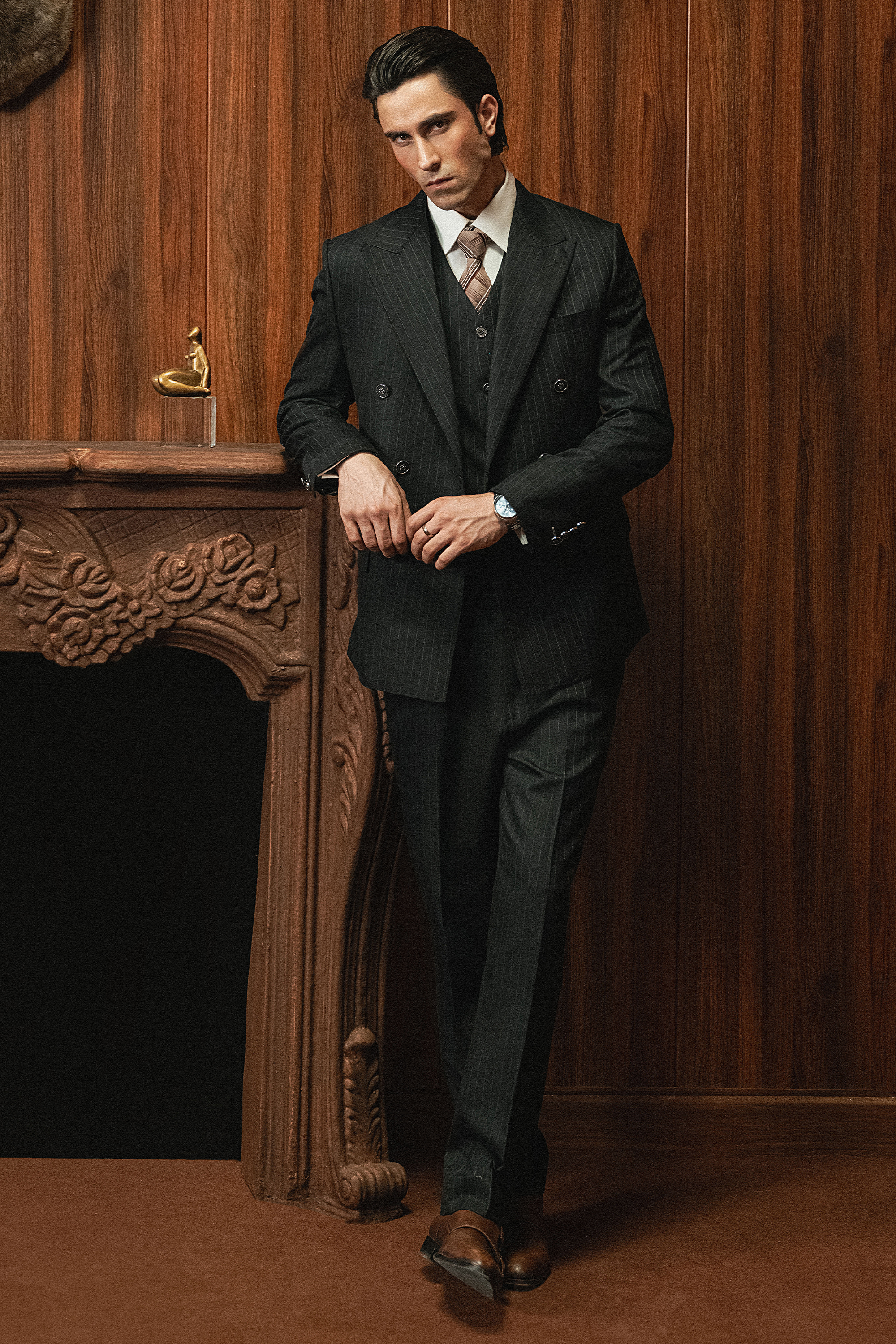 Classic Dark Black Double-Breasted Pinstripe Three-Piece Suit