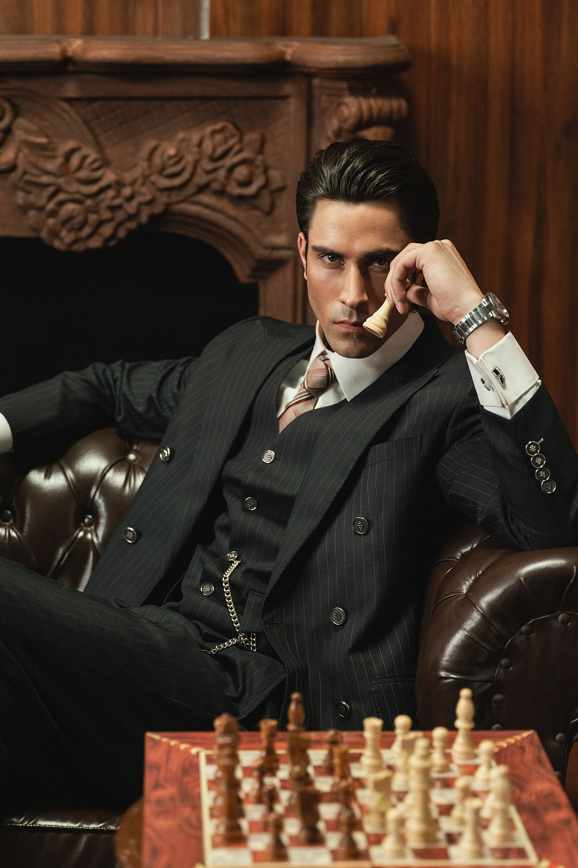 Classic Dark Black Double-Breasted Pinstripe Three-Piece Suit
