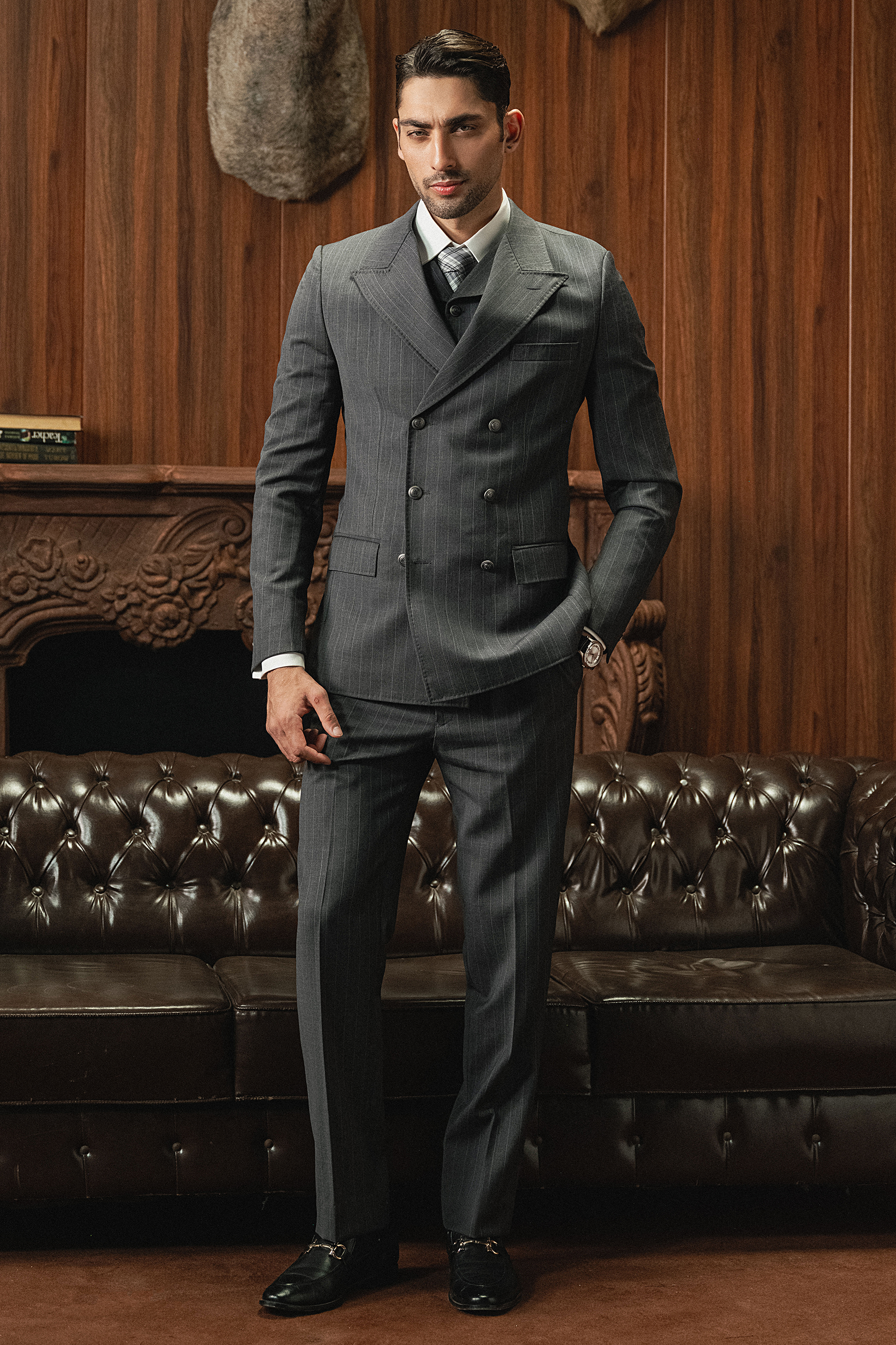 Classic Steel Grey Double-Breasted Pinstripe Three-Piece Suit