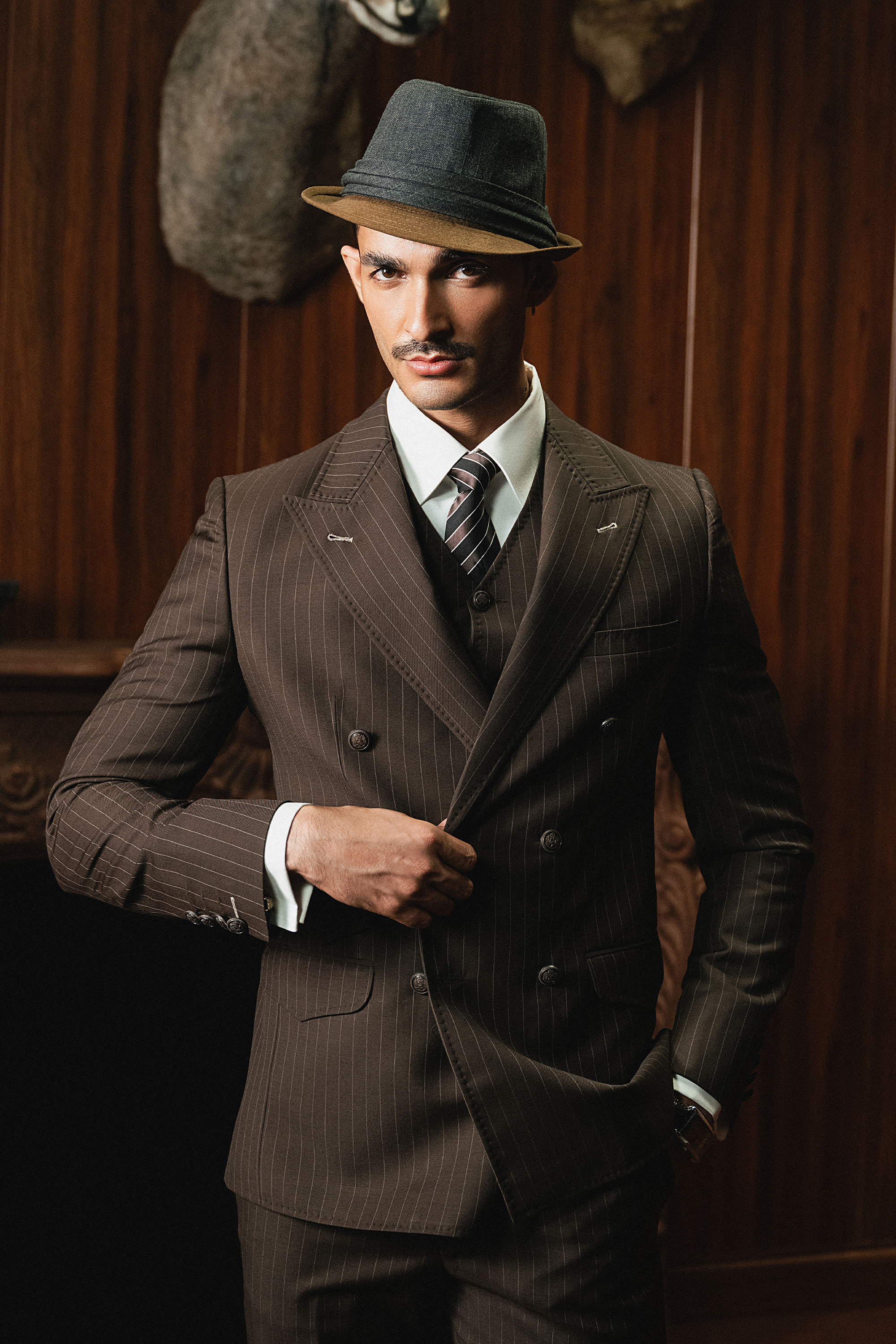 Classic Dark Espresso Brown Double-Breasted Pinstripe Three-Piece Suit