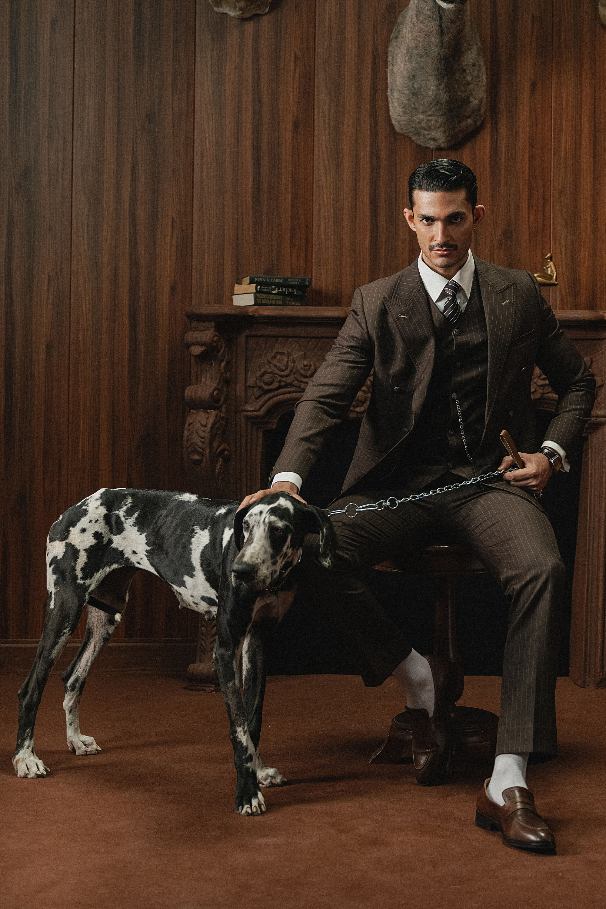 Classic Dark Espresso Brown Double-Breasted Pinstripe Three-Piece Suit