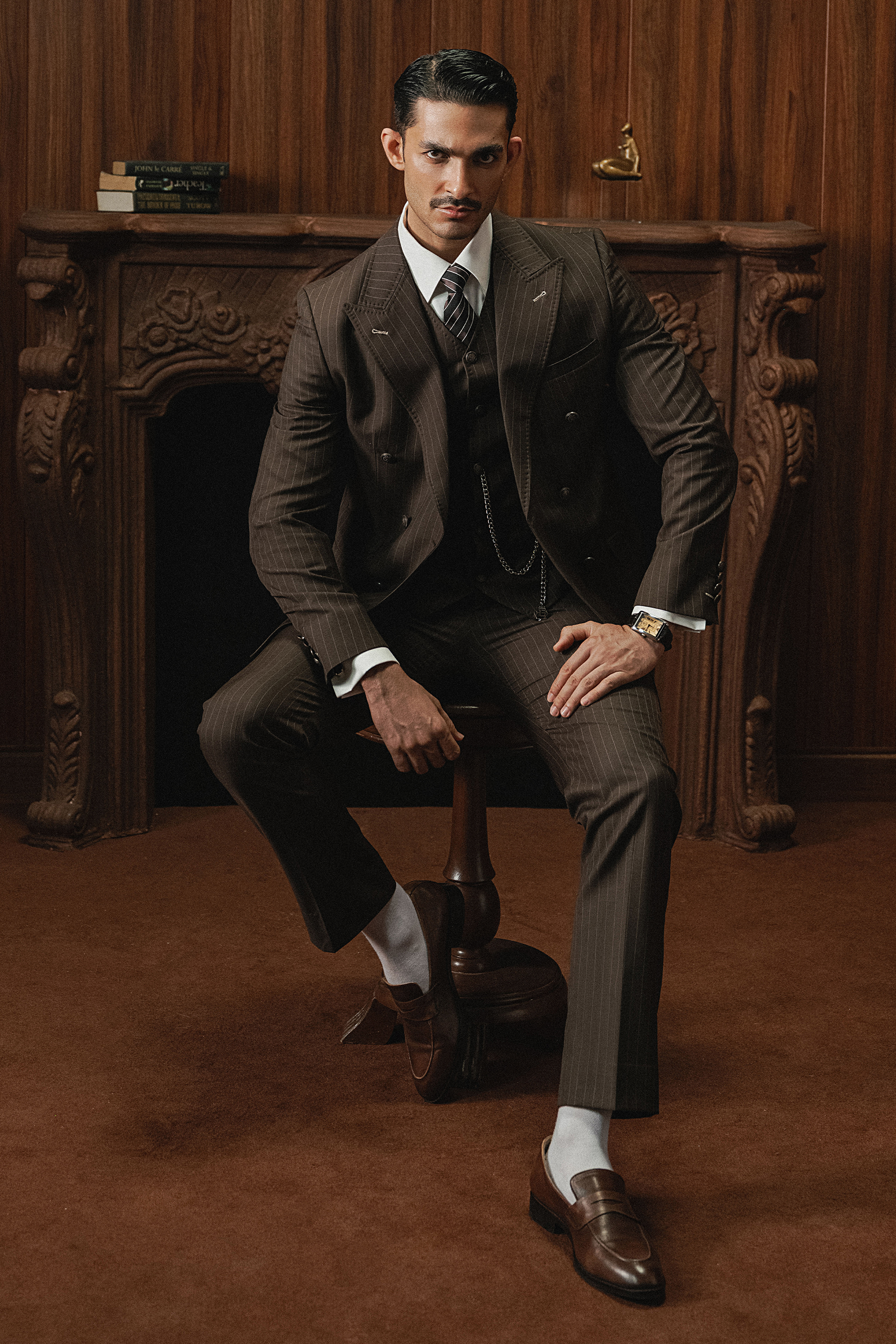 Classic Dark Espresso Brown Double-Breasted Pinstripe Three-Piece Suit