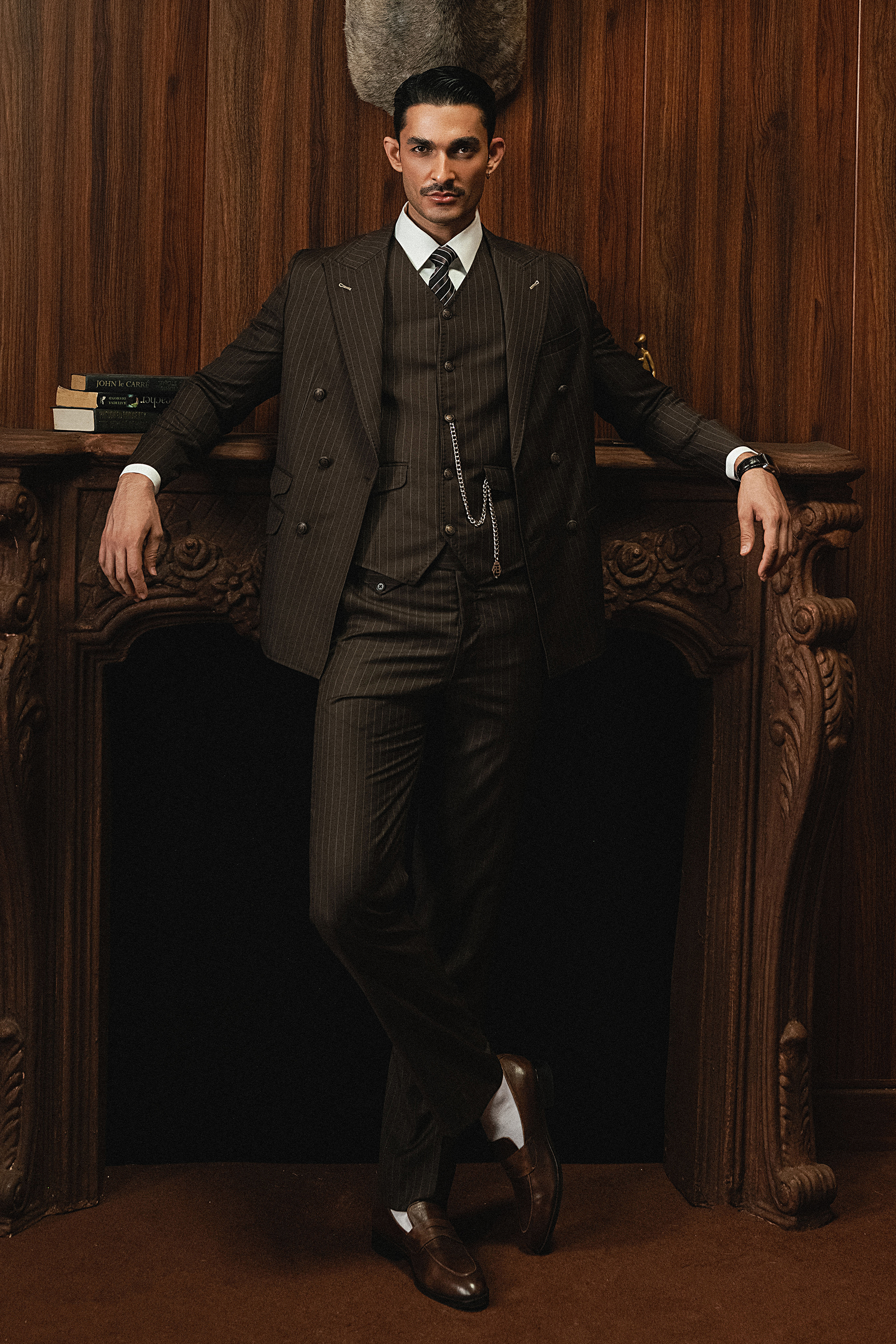 Classic Dark Espresso Brown Double-Breasted Pinstripe Three-Piece Suit