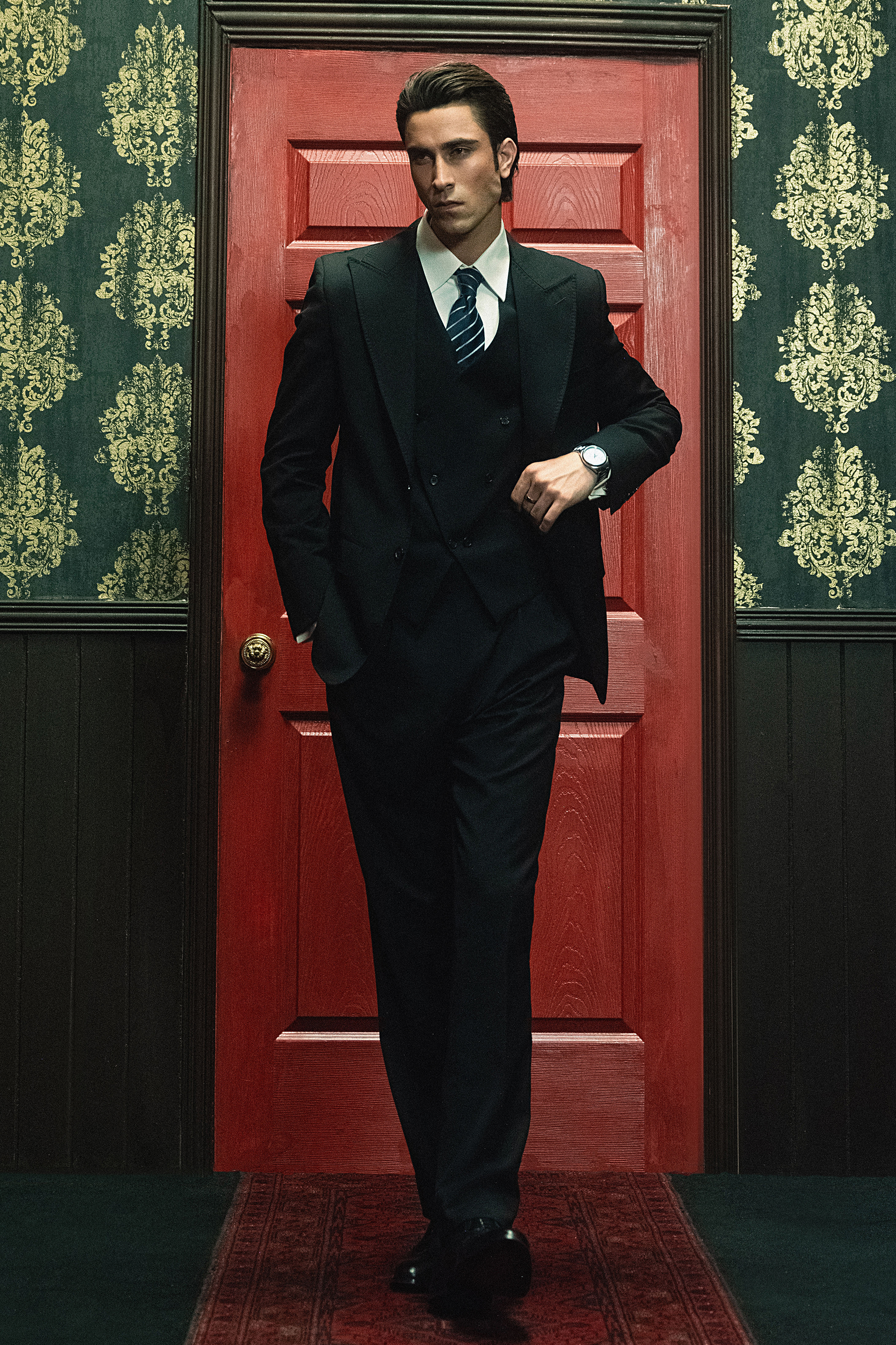 Classic Dark Black Double-Breasted Three-Piece Suit