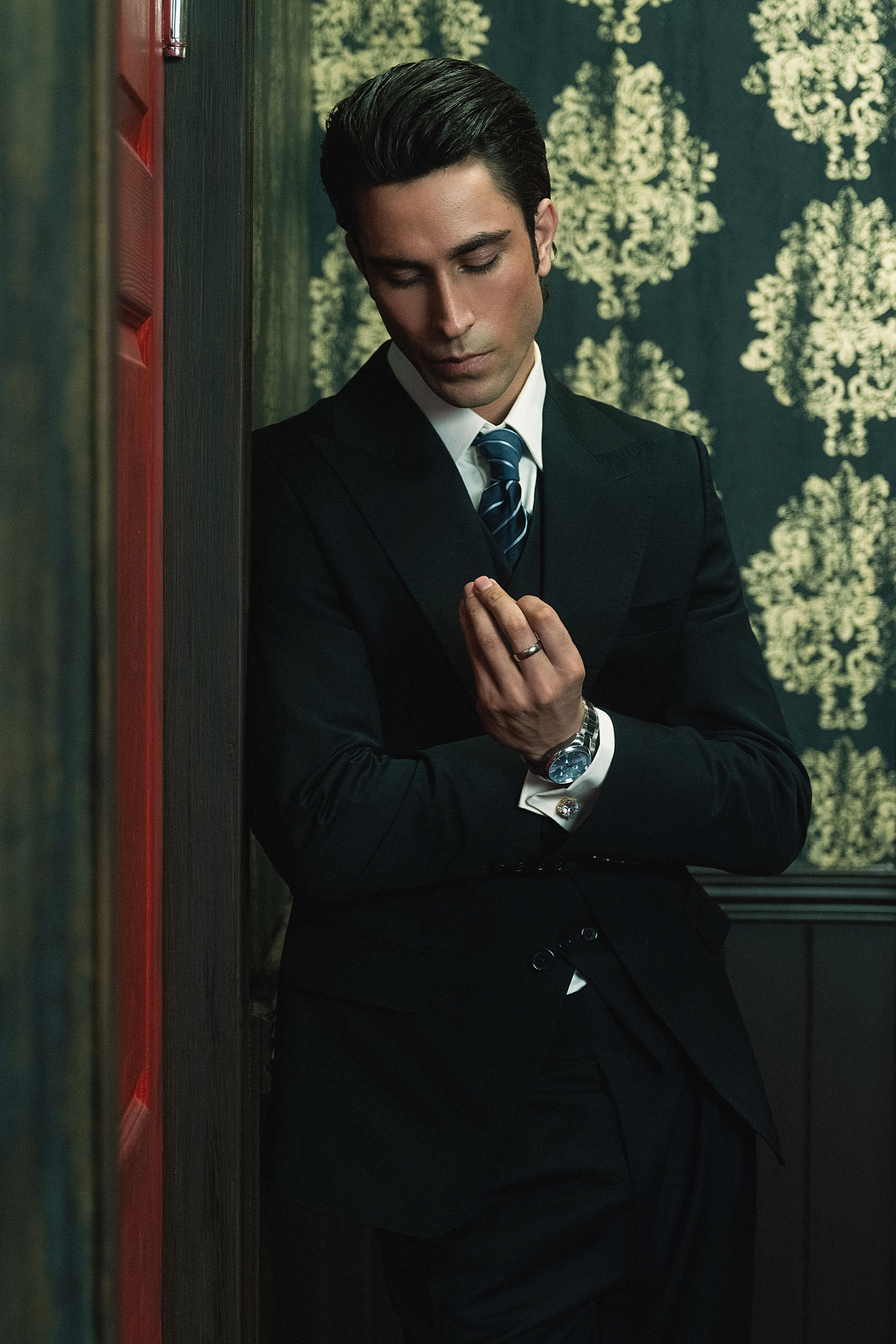 Classic Dark Black Double-Breasted Three-Piece Suit