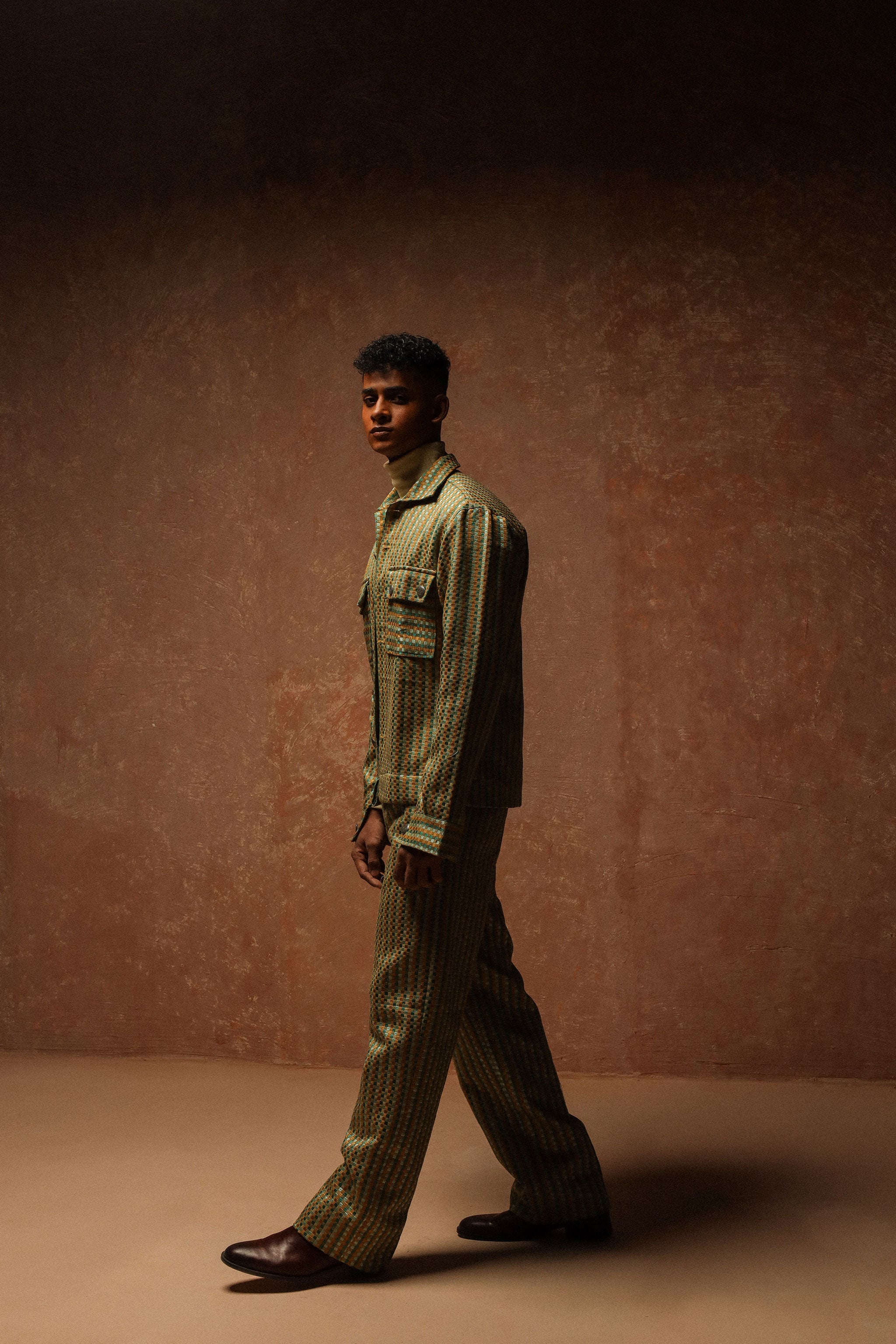 Multicolor jacquard Safari cut jacket with boot cut trouser