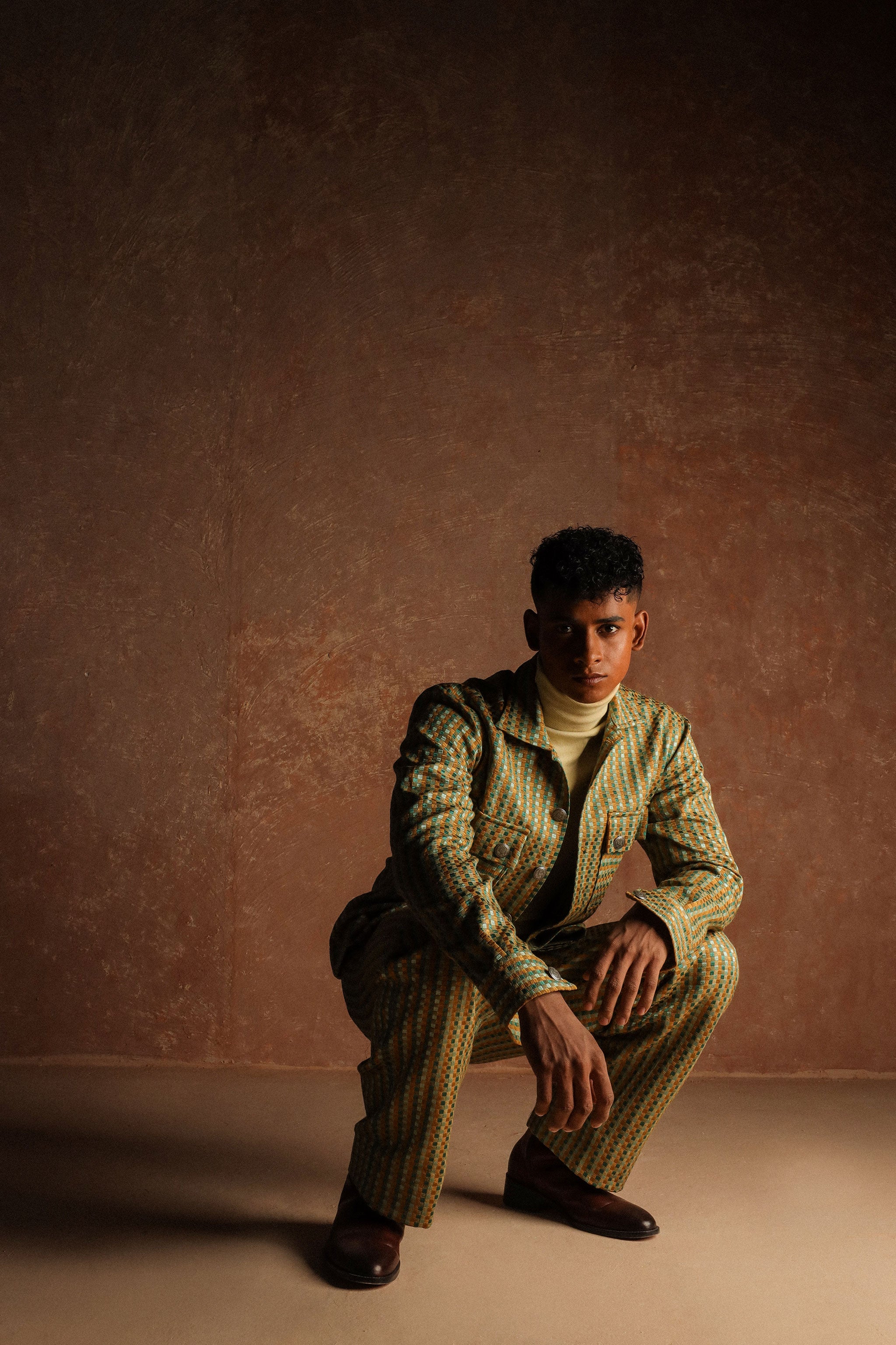 Multicolor jacquard Safari cut jacket with boot cut trouser