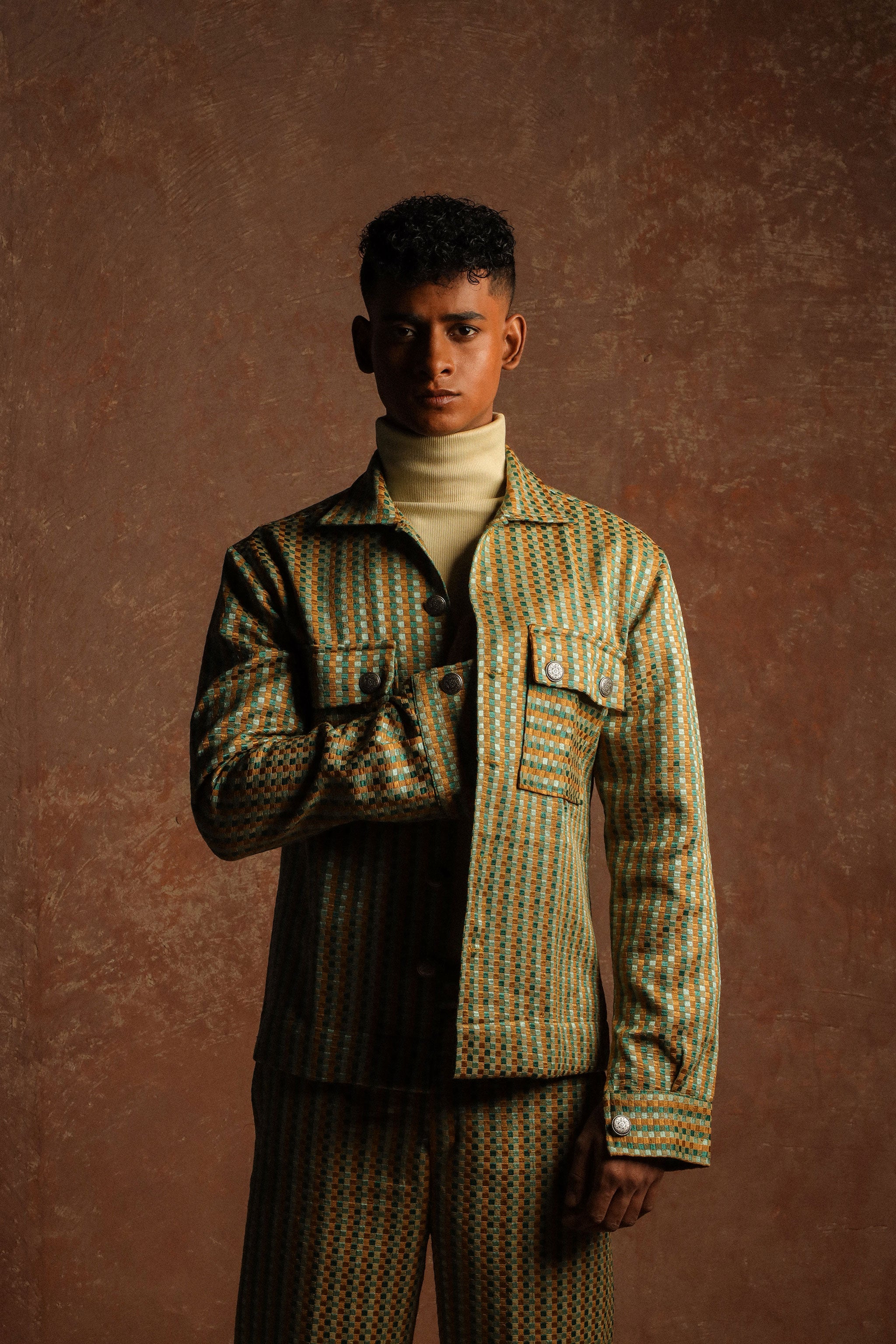 Multicolor jacquard Safari cut jacket with boot cut trouser