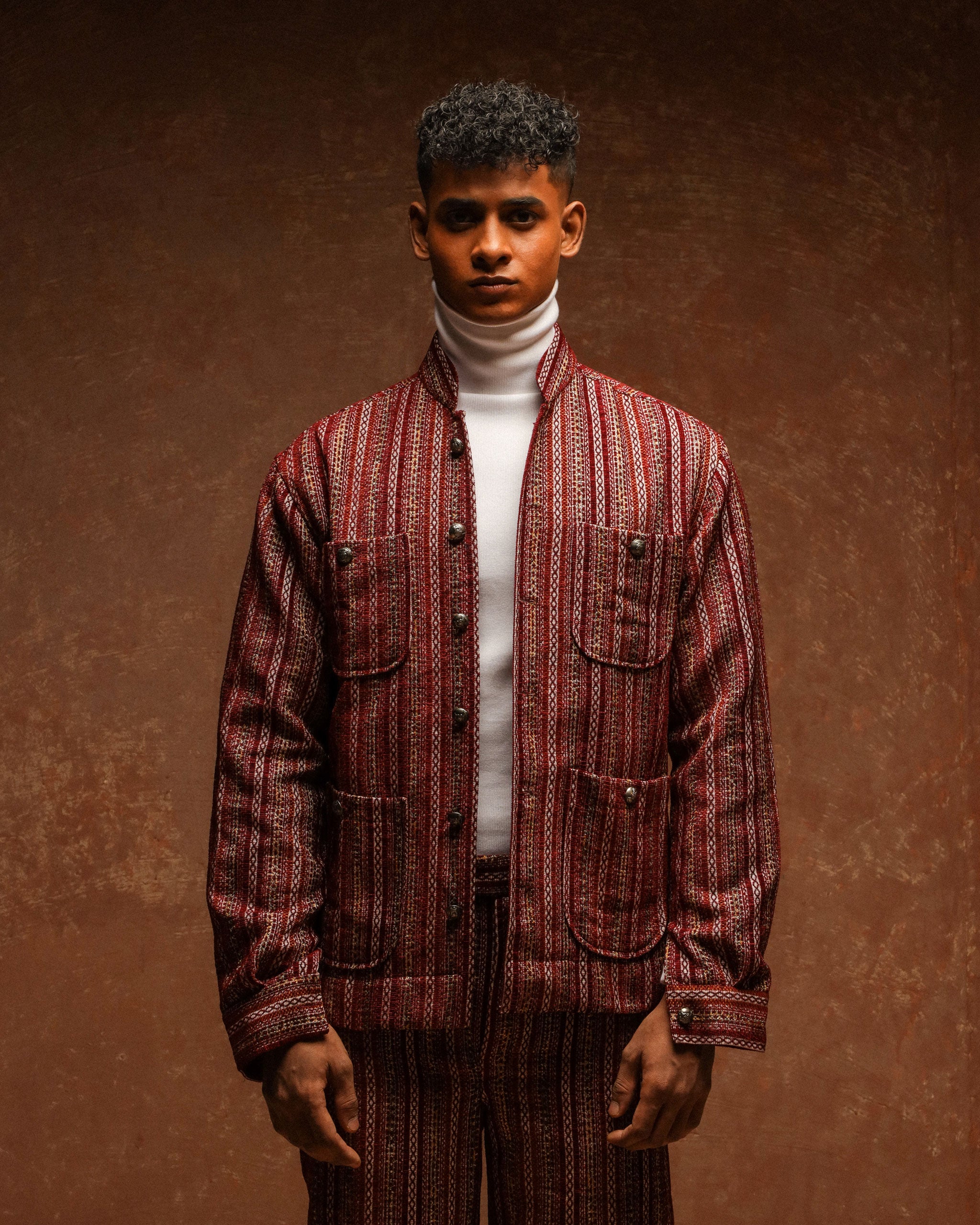 Royal maroon Starlight Club Patch Pocket Jacket shoulder pad long sleeve with wide cut trouser