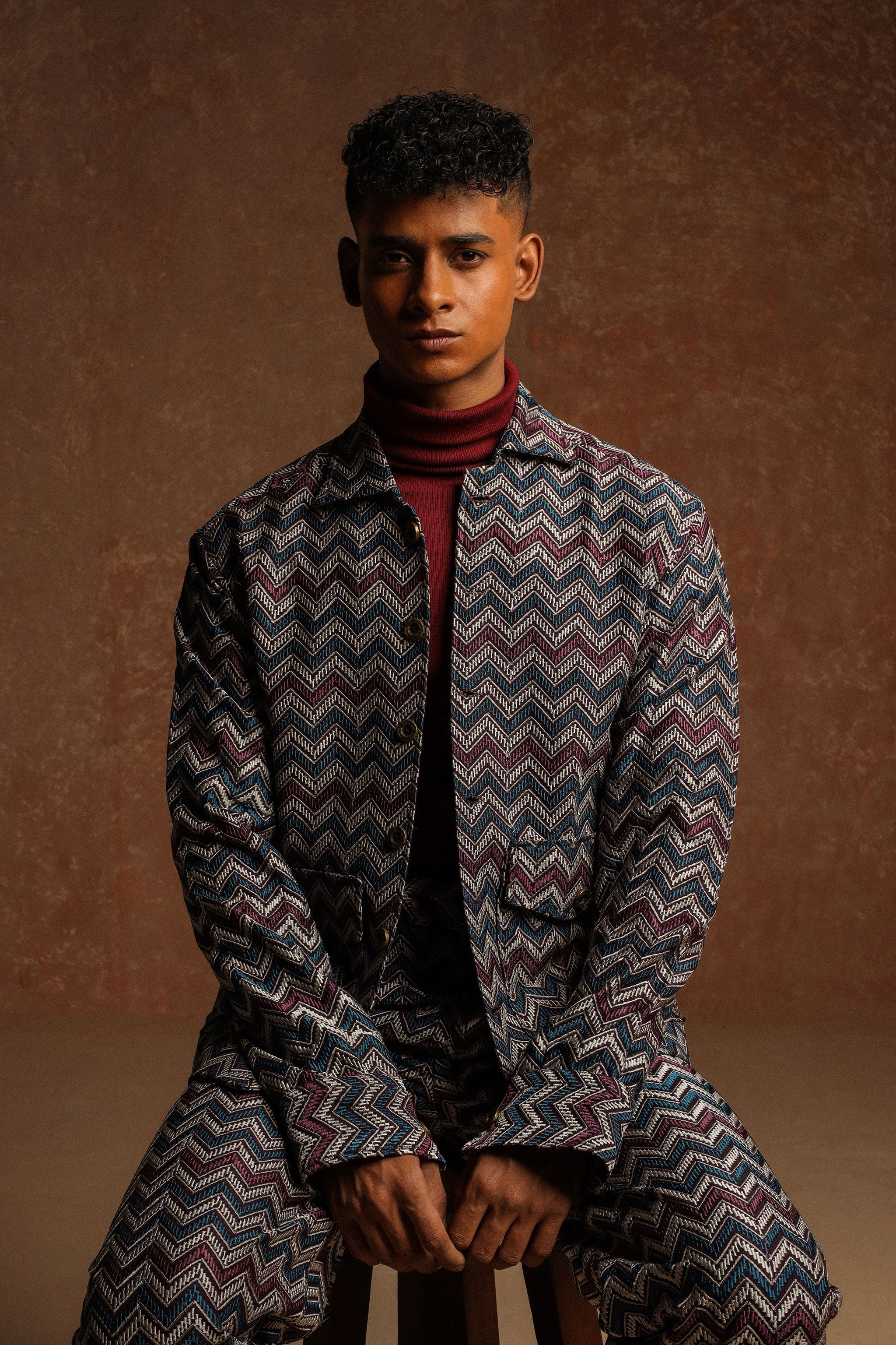 Multicolor jacquard fabric embroided Long Sleeves jacket with Straight cut trouser