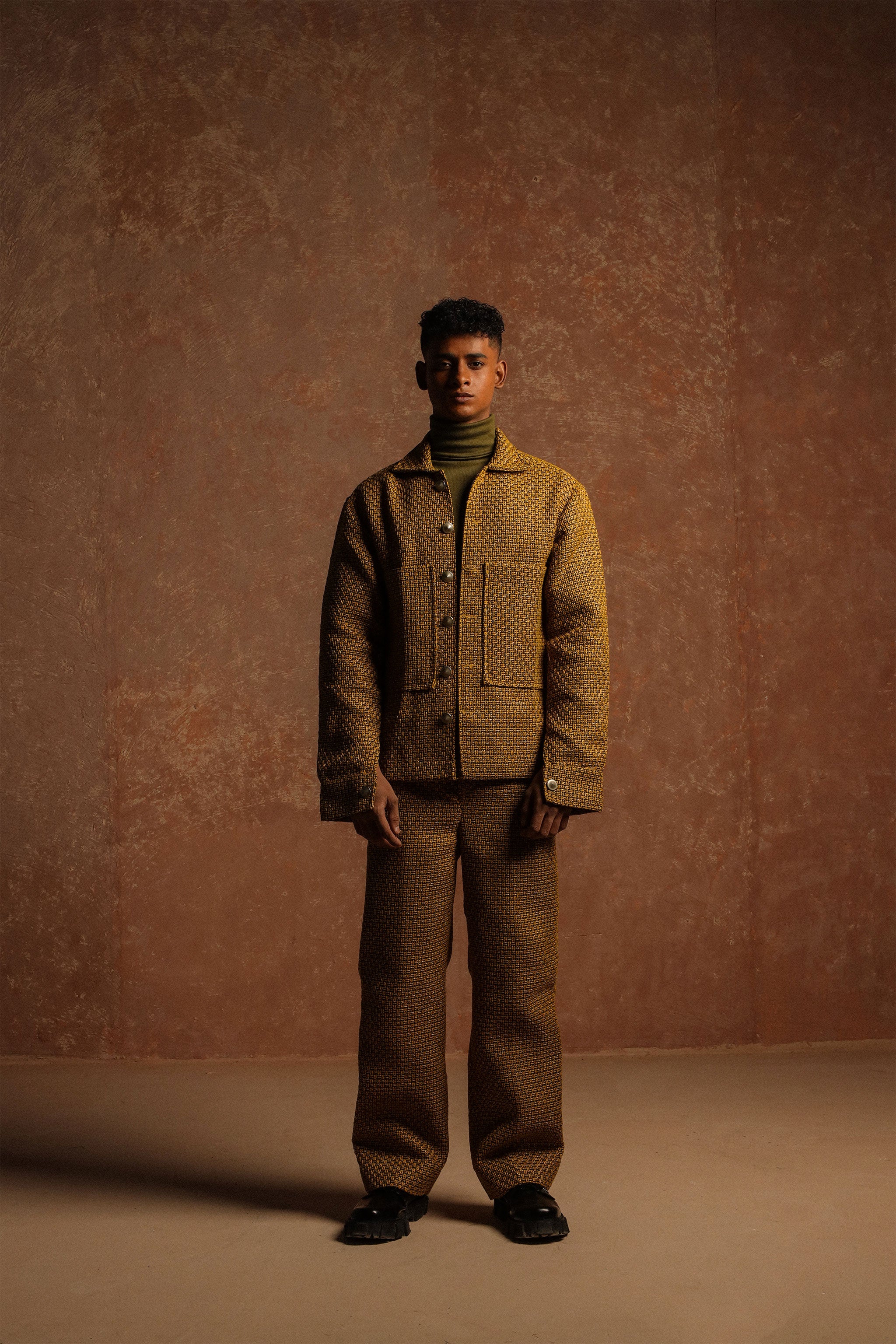 Goldenroo jacquard front cargo pocket style jacket with loose boot cut cargo trouser