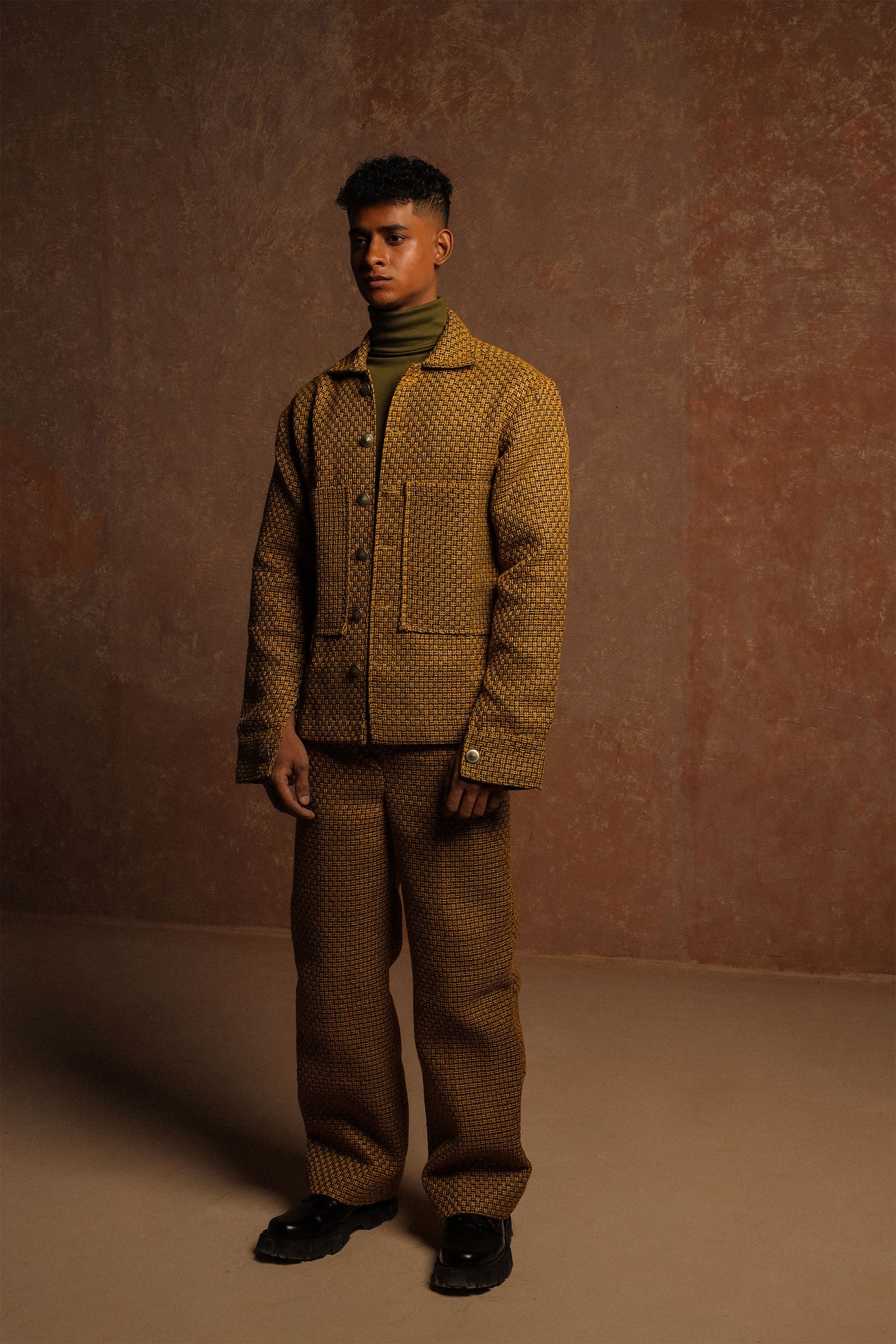 Goldenroo jacquard front cargo pocket style jacket with loose boot cut cargo trouser