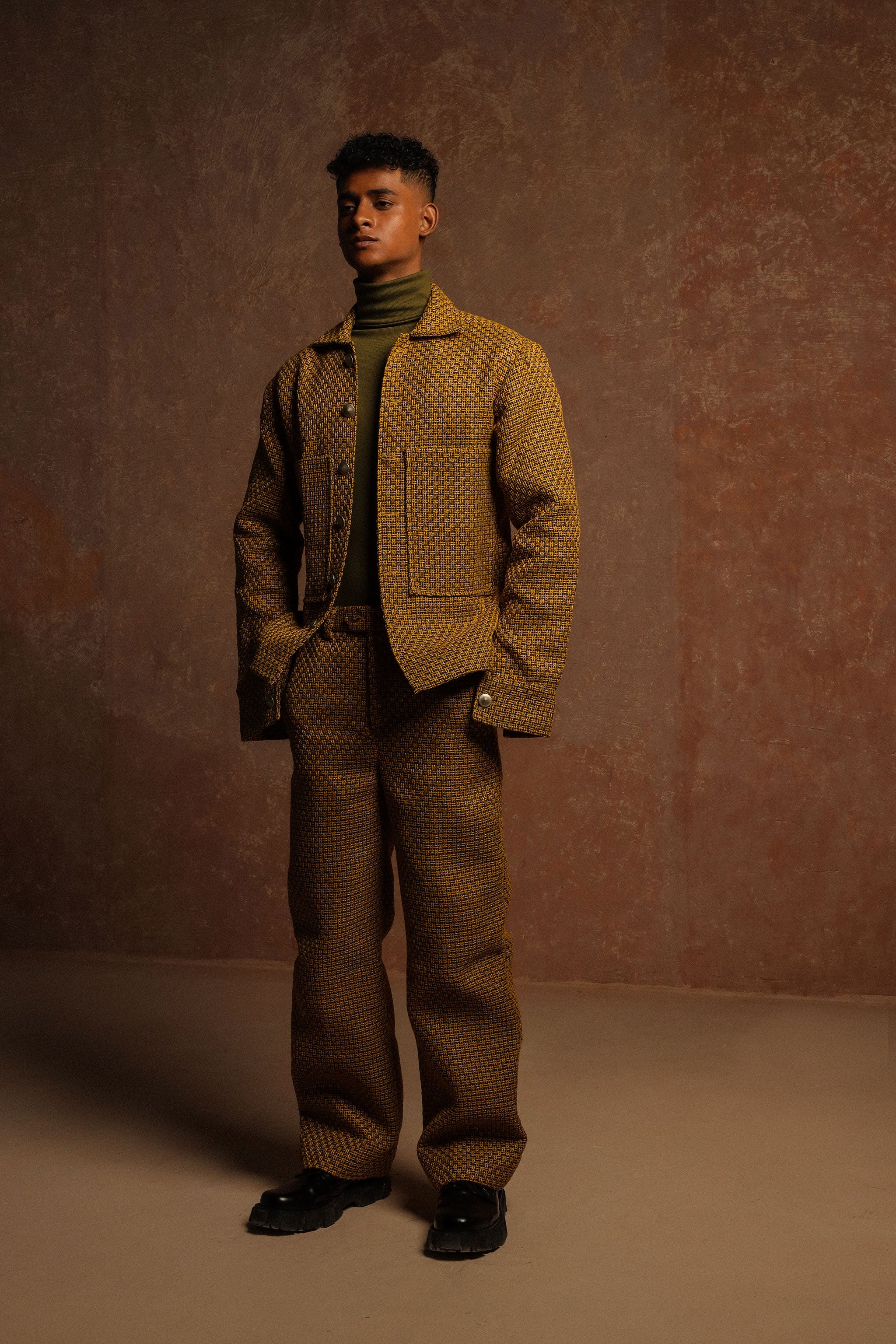 Goldenroo jacquard front cargo pocket style jacket with loose boot cut cargo trouser