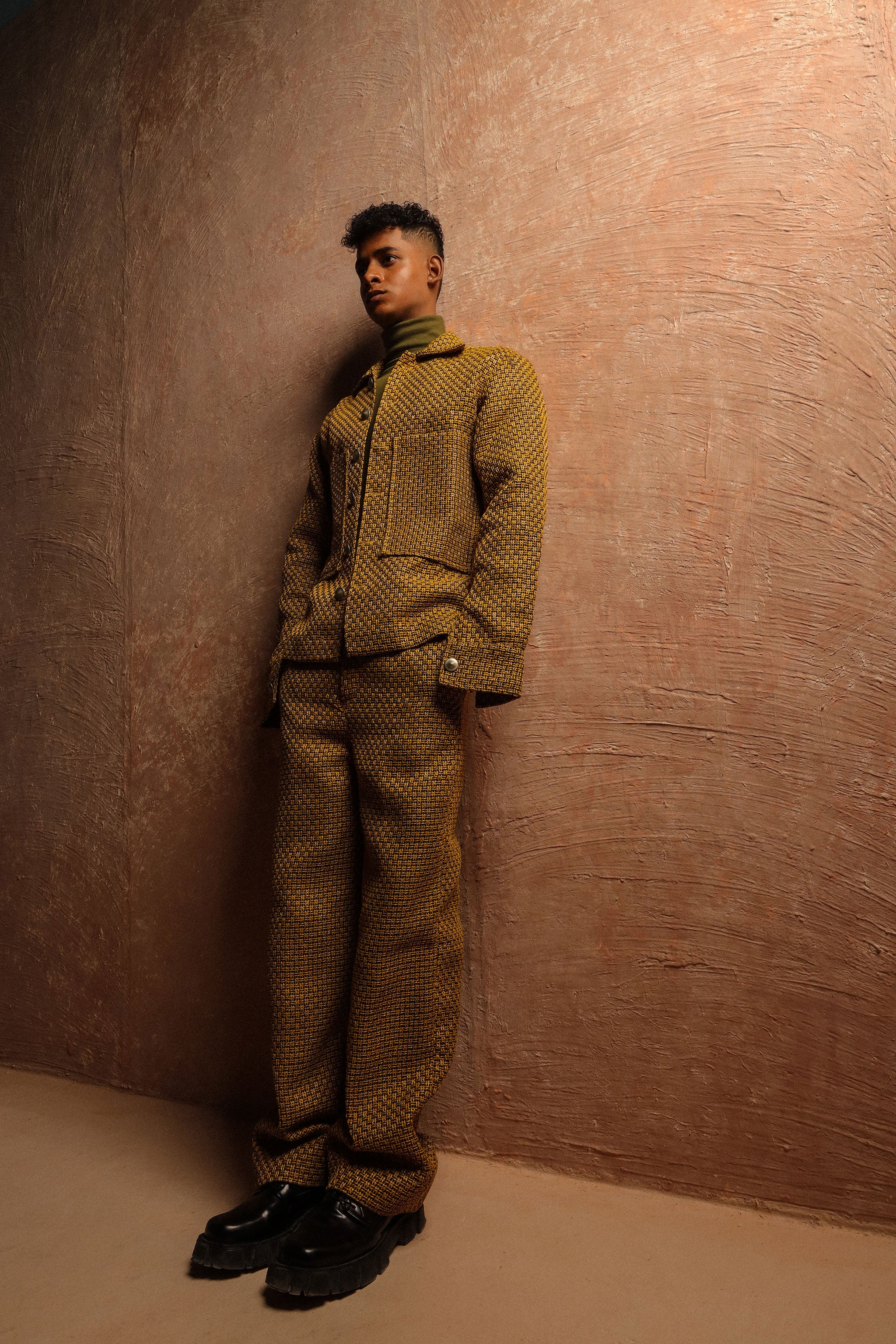 Goldenroo jacquard front cargo pocket style jacket with loose boot cut cargo trouser