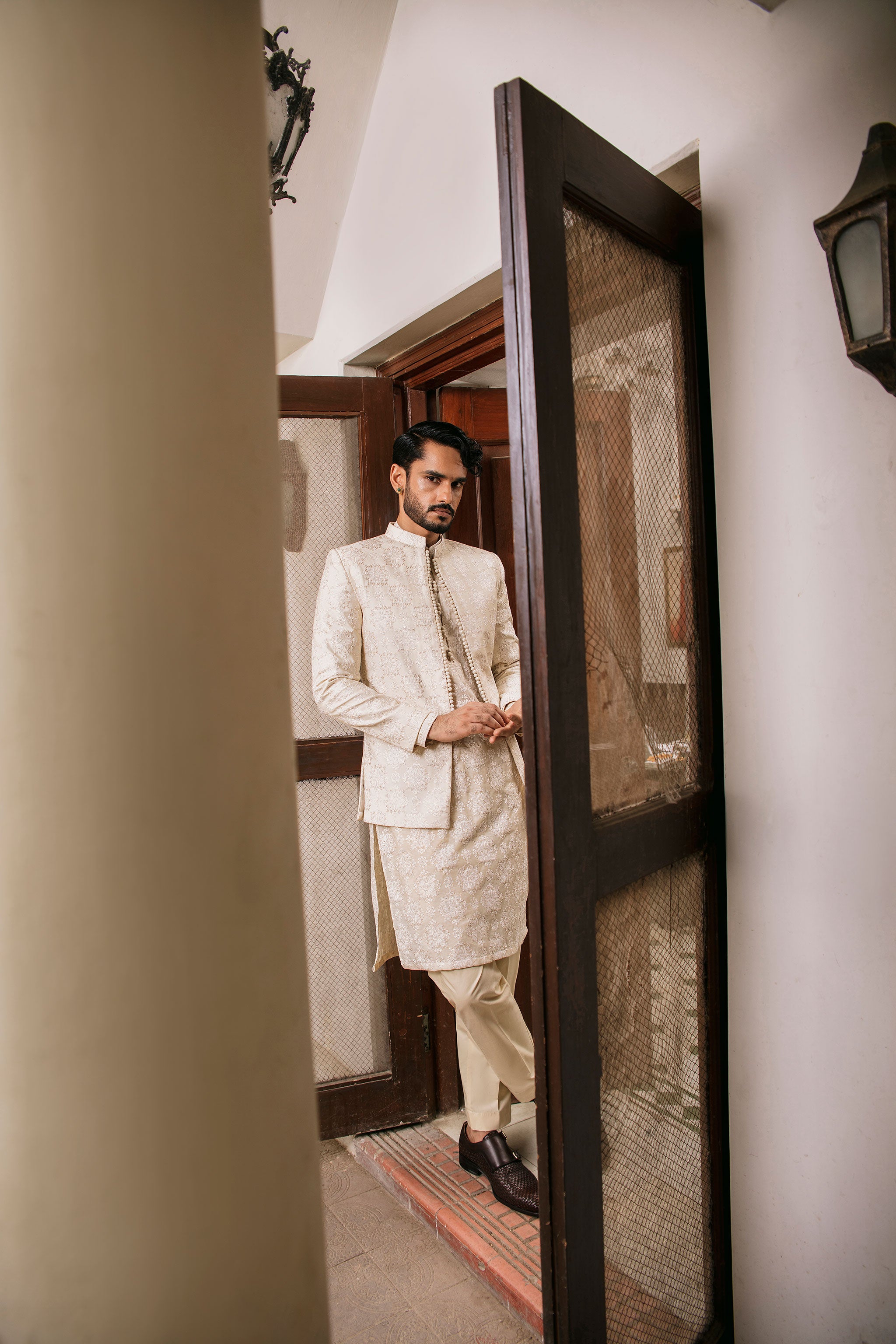 Beige front open Prince coat with floral embroidered patterns with embellishment