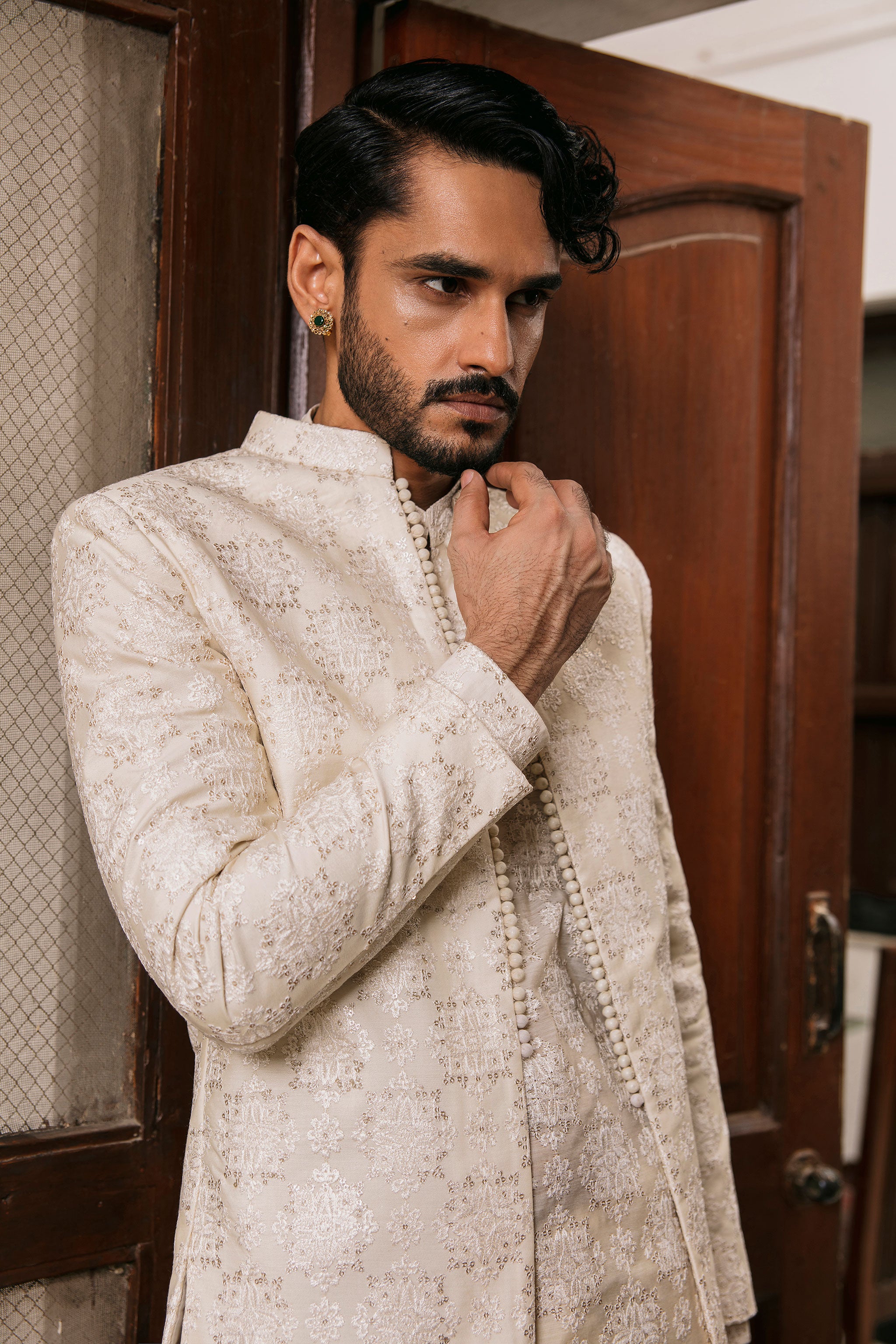 Beige front open Prince coat with floral embroidered patterns with embellishment