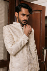 Beige front open Prince coat with floral embroidered patterns with embellishment