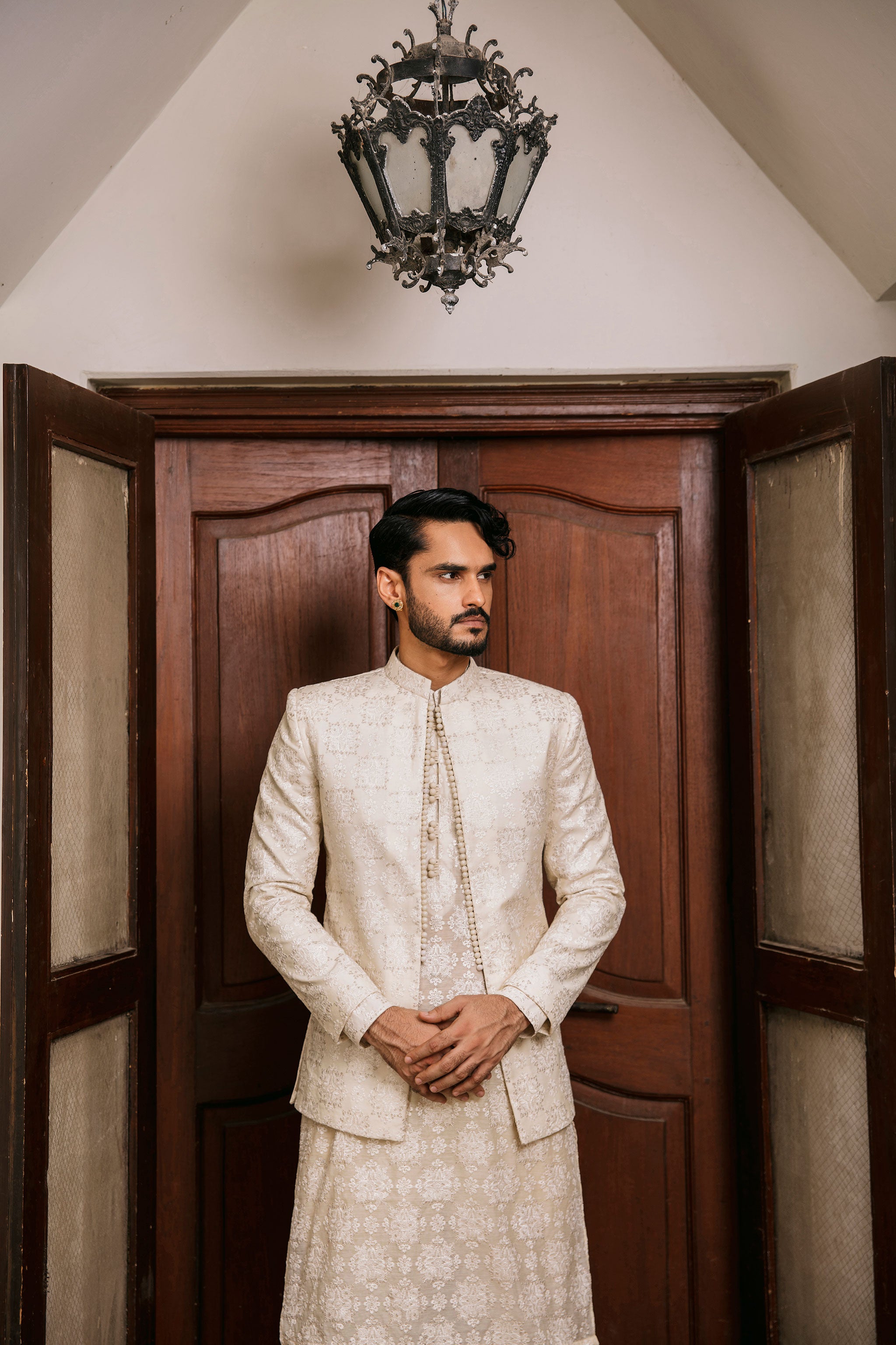 Beige front open Prince coat with floral embroidered patterns with embellishment