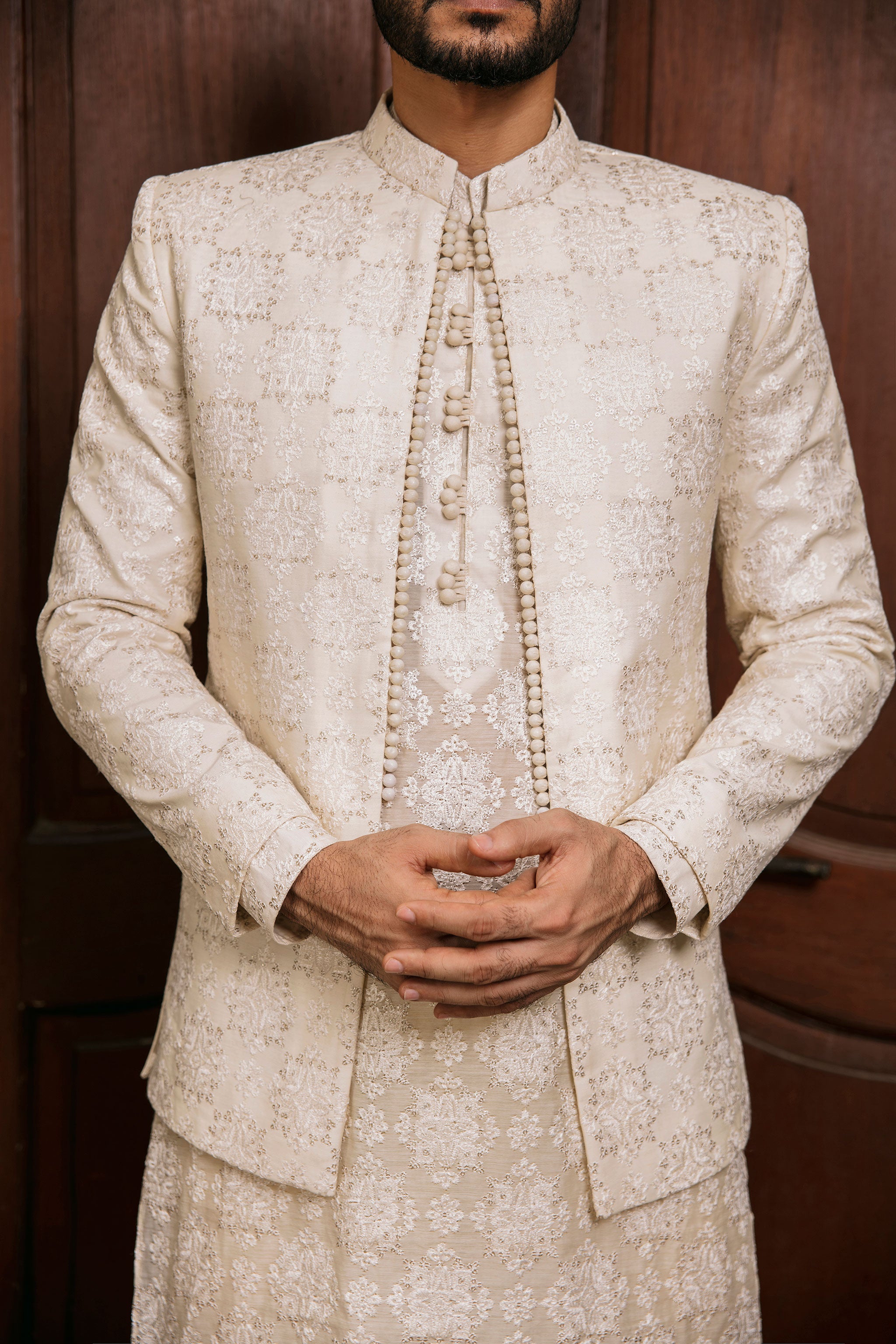 Beige front open Prince coat with floral embroidered patterns with embellishment