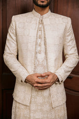 Beige front open Prince coat with floral embroidered patterns with embellishment