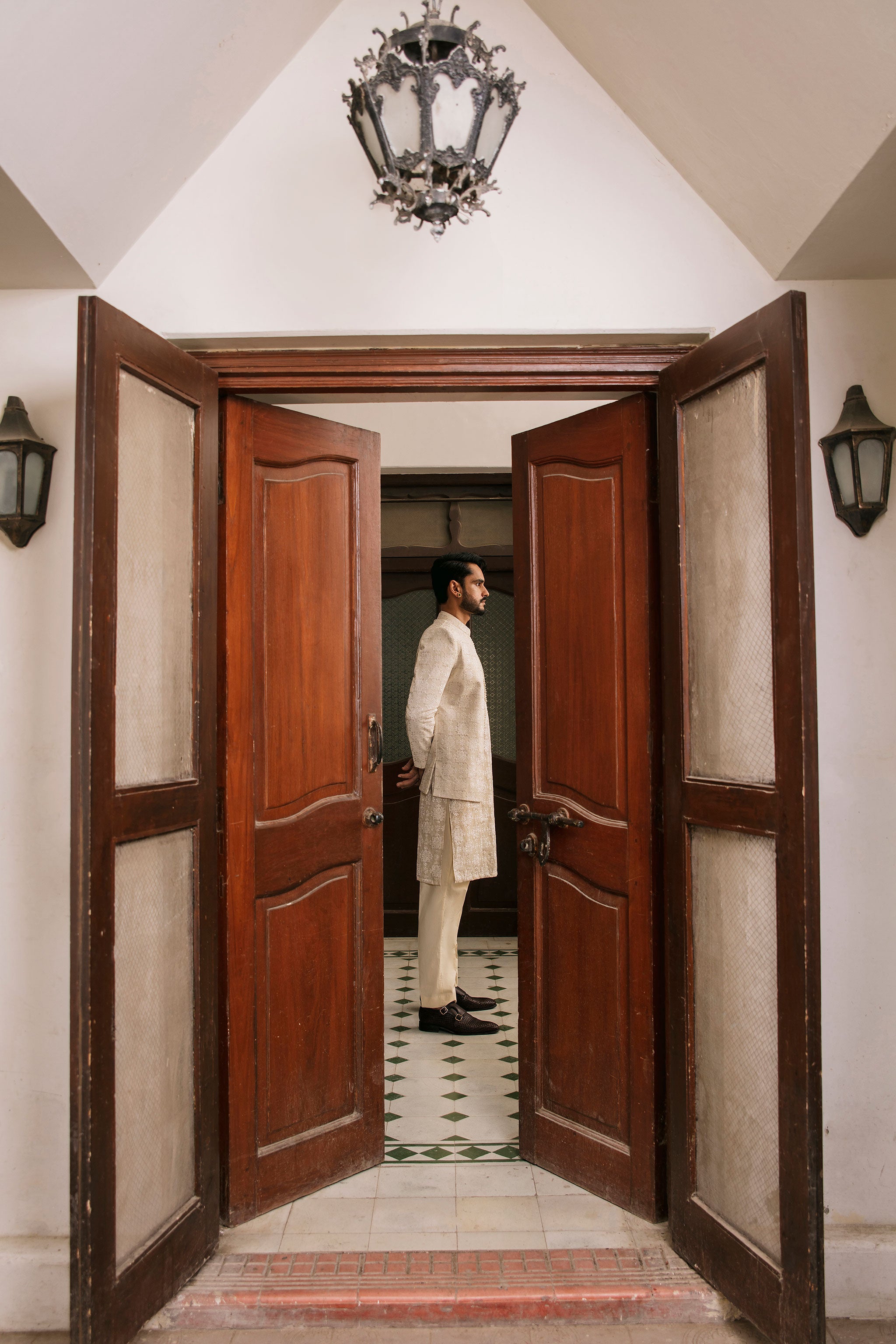 Beige front open Prince coat with floral embroidered patterns with embellishment