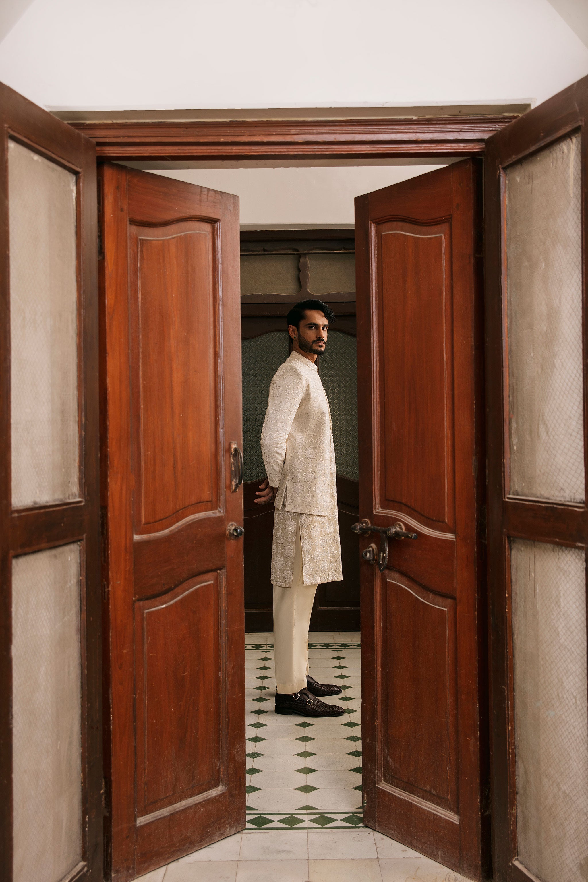 Beige front open Prince coat with floral embroidered patterns with embellishment