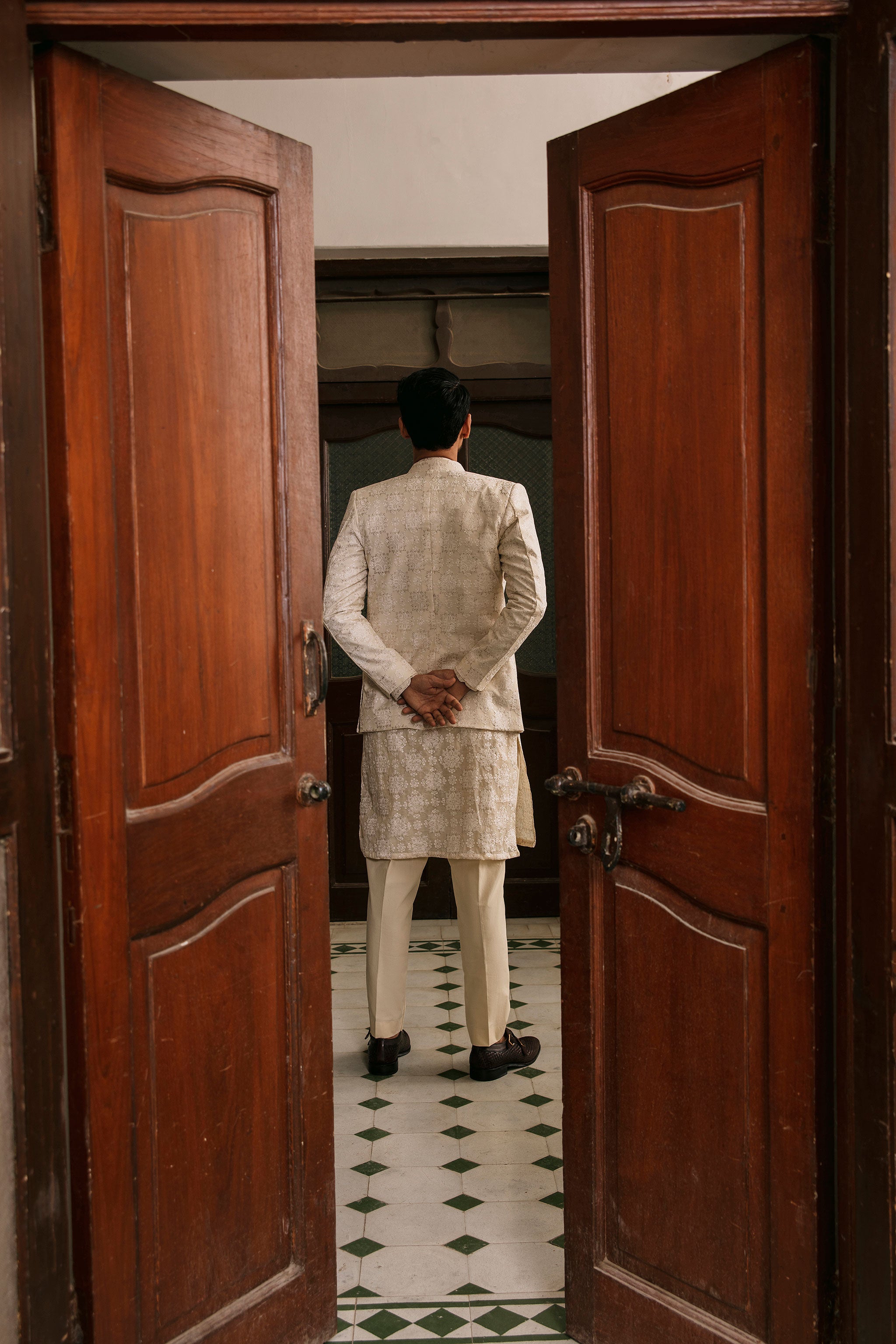 Beige front open Prince coat with floral embroidered patterns with embellishment