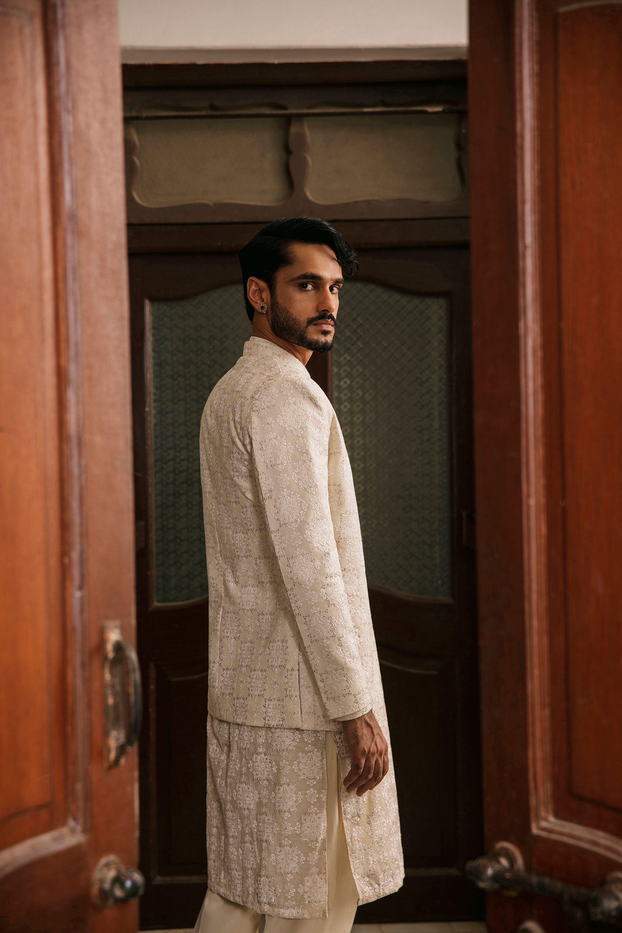 Beige front open Prince coat with floral embroidered patterns with embellishment