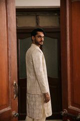 Beige front open Prince coat with floral embroidered patterns with embellishment