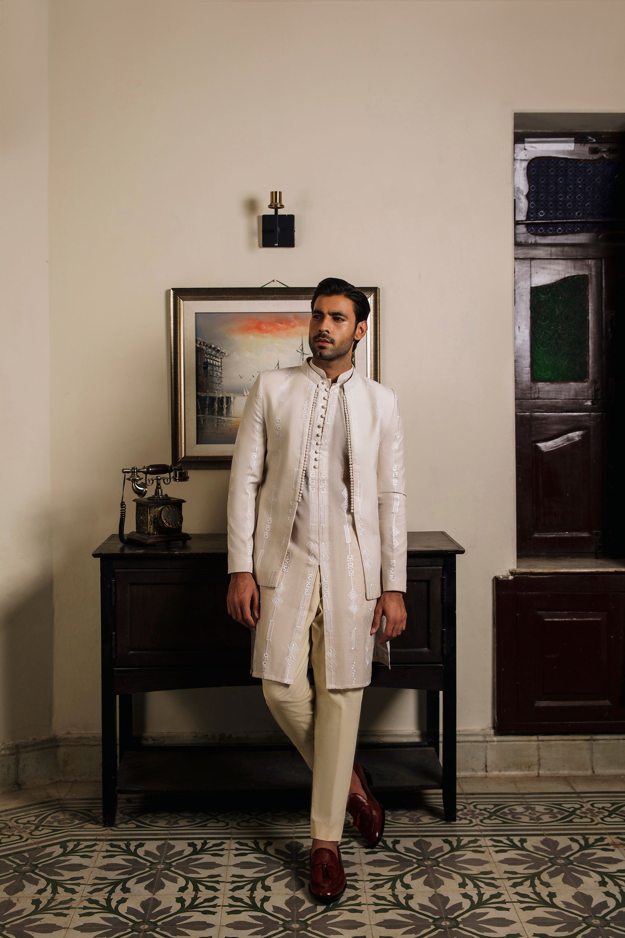 Beige paper cotton front open Prince coat with floral embroidered patterns