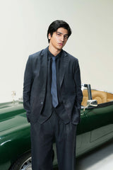 Dark Navy Blue “Old Money” Aesthetic Oversized Blazer Set (Blazer + Shirt + High-Waist Bell-Bottom Trousers)