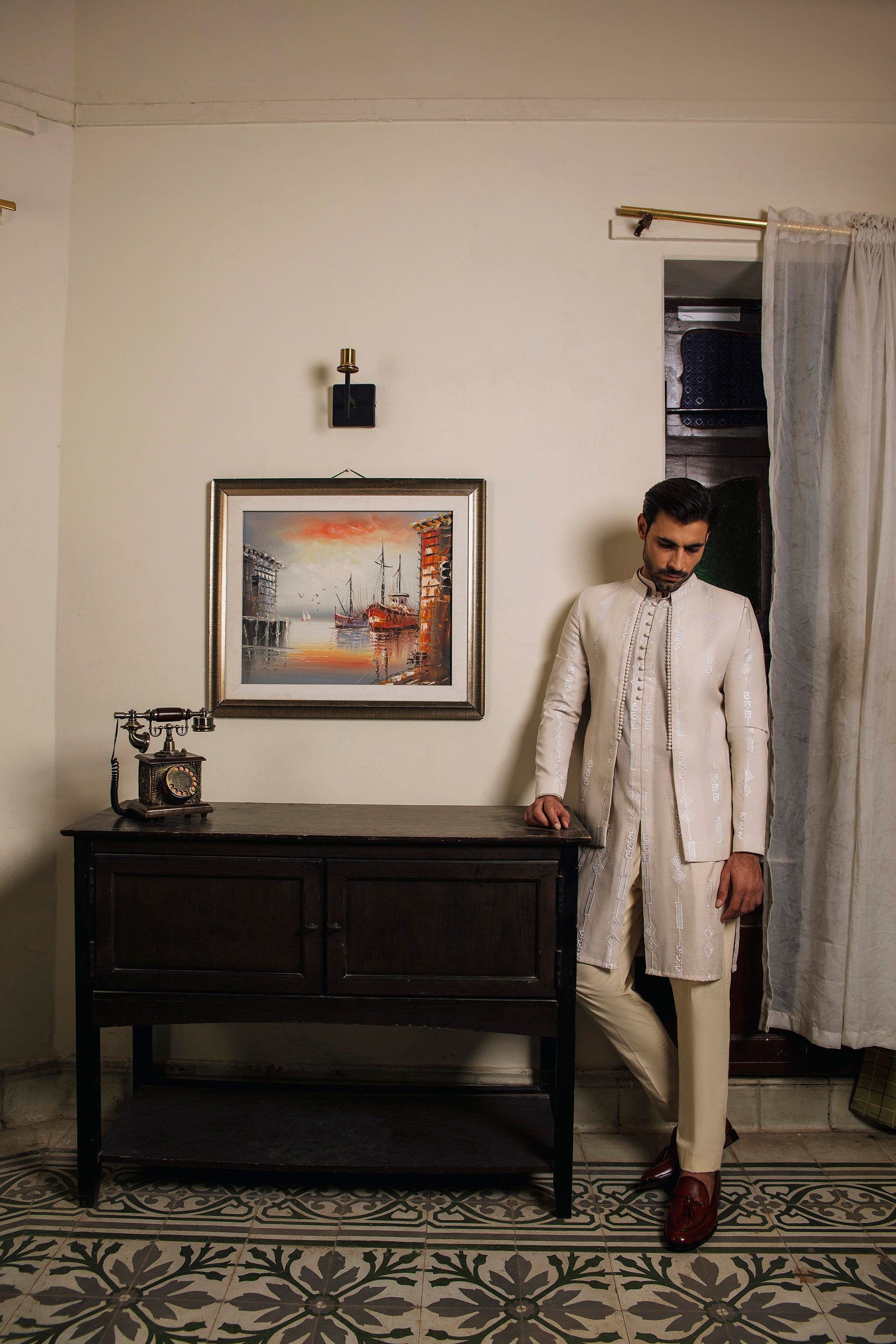 Beige paper cotton front open Prince coat with floral embroidered patterns