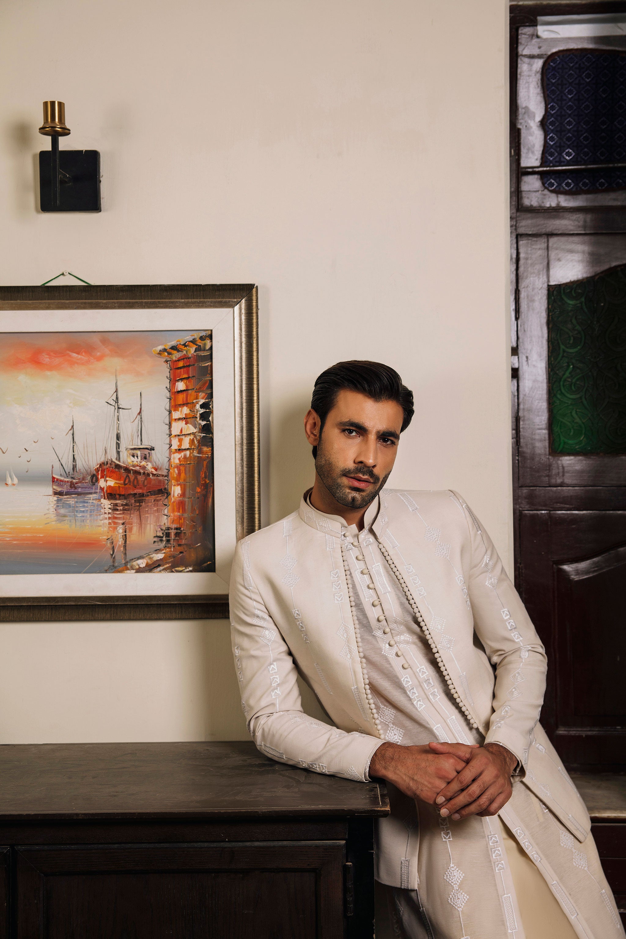 Beige paper cotton front open Prince coat with floral embroidered patterns