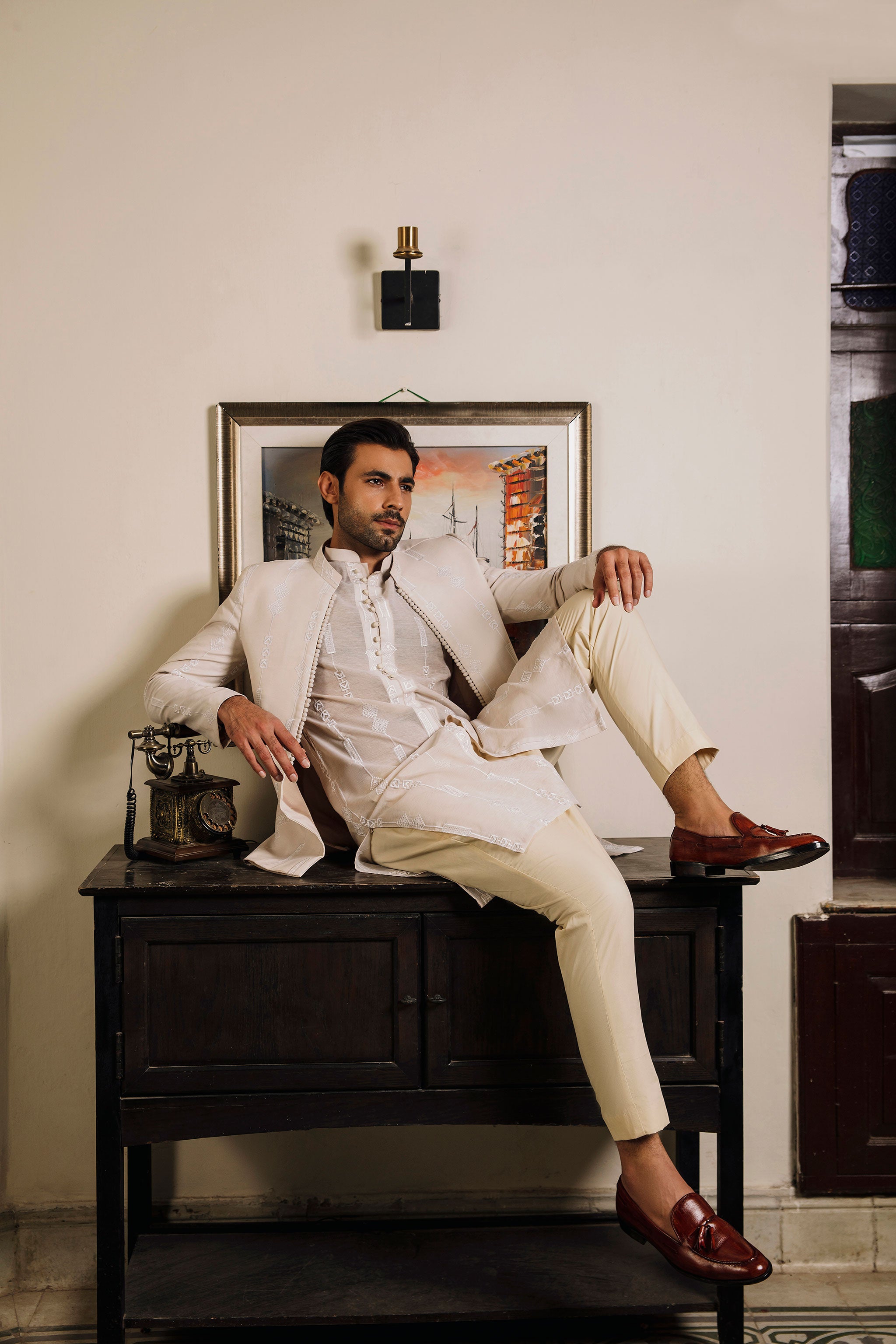 Beige paper cotton front open Prince coat with floral embroidered patterns