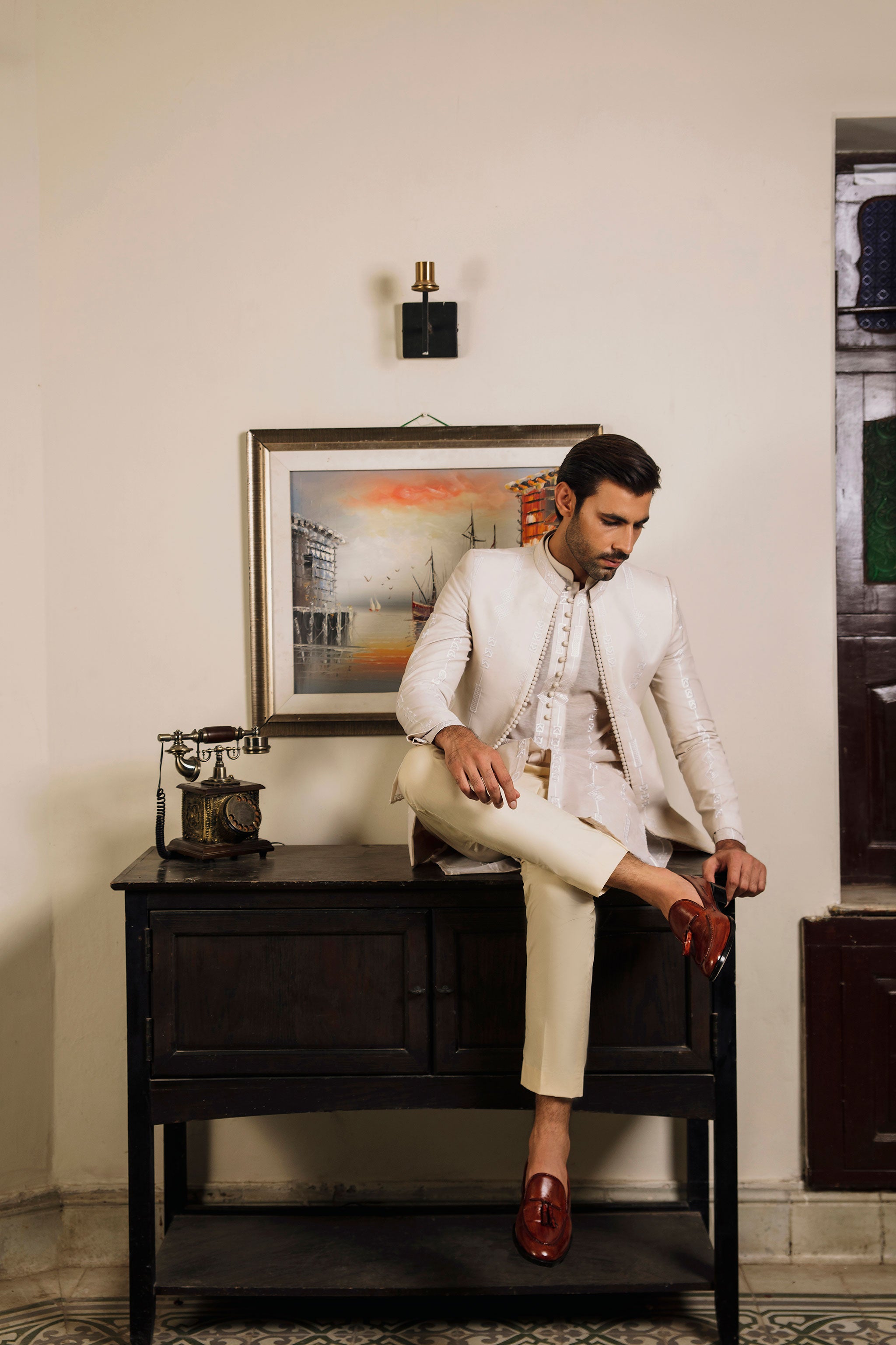 Beige paper cotton front open Prince coat with floral embroidered patterns