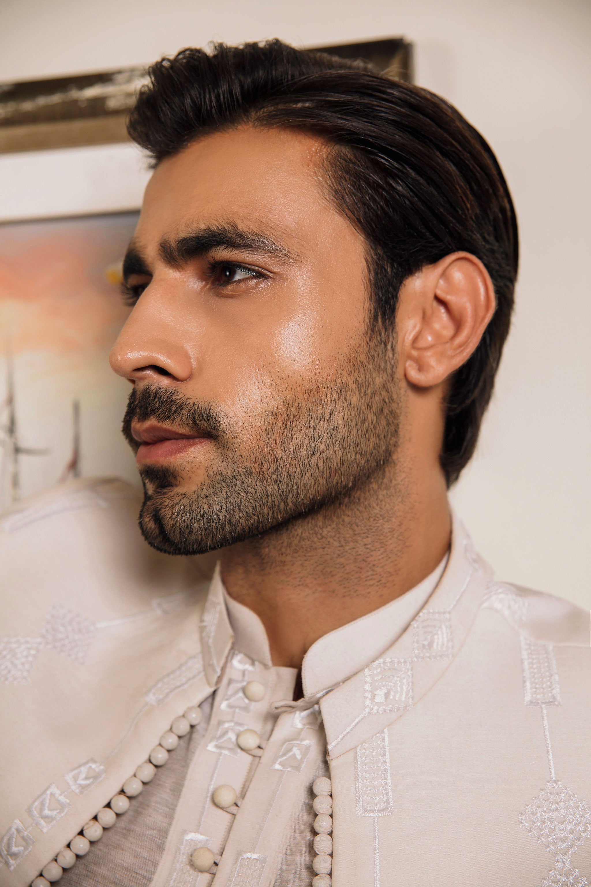 Beige paper cotton front open Prince coat with floral embroidered patterns